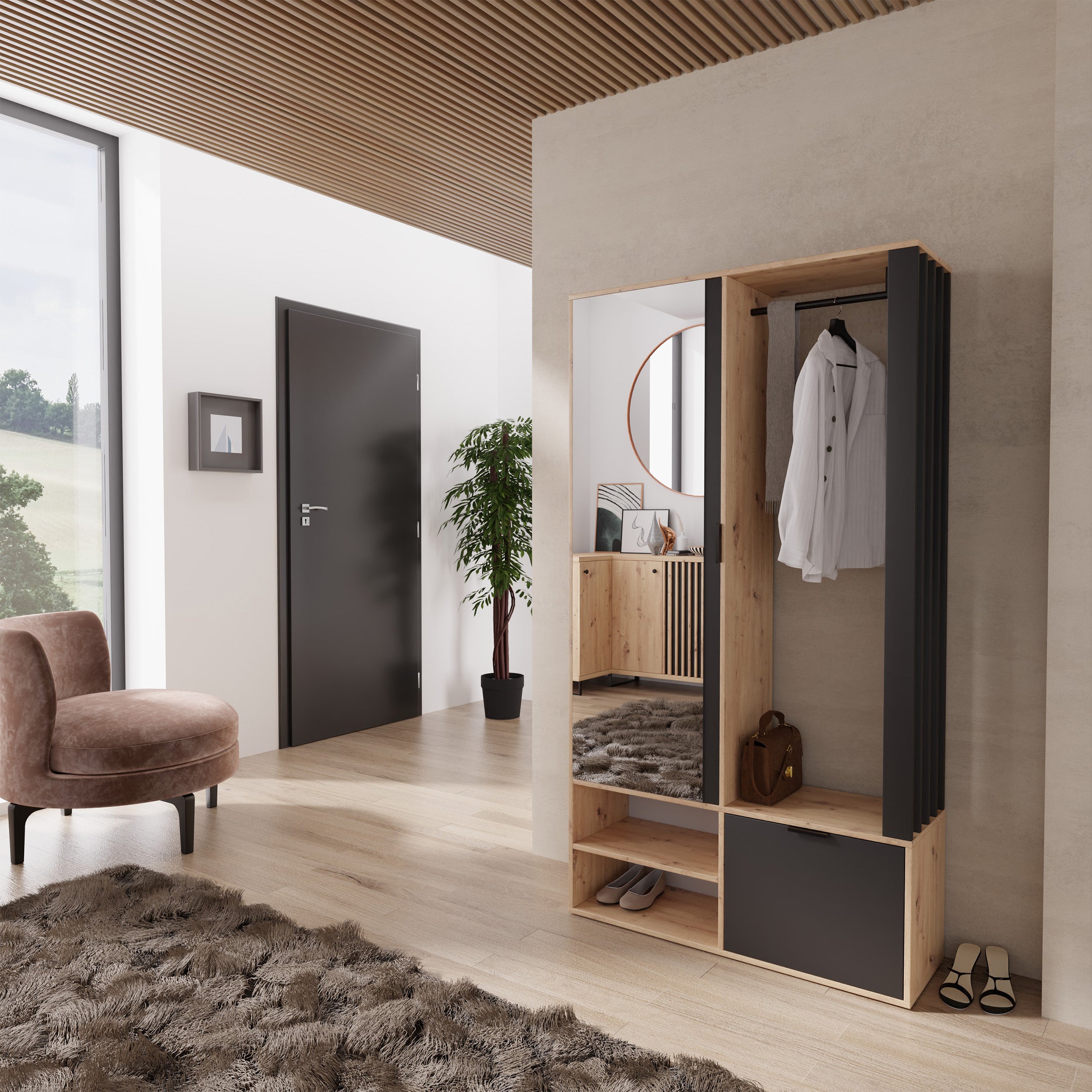 Garderoba jednodrzwiowa Moletto z lustrem i półkami 100 cm dąb artisan/czarna