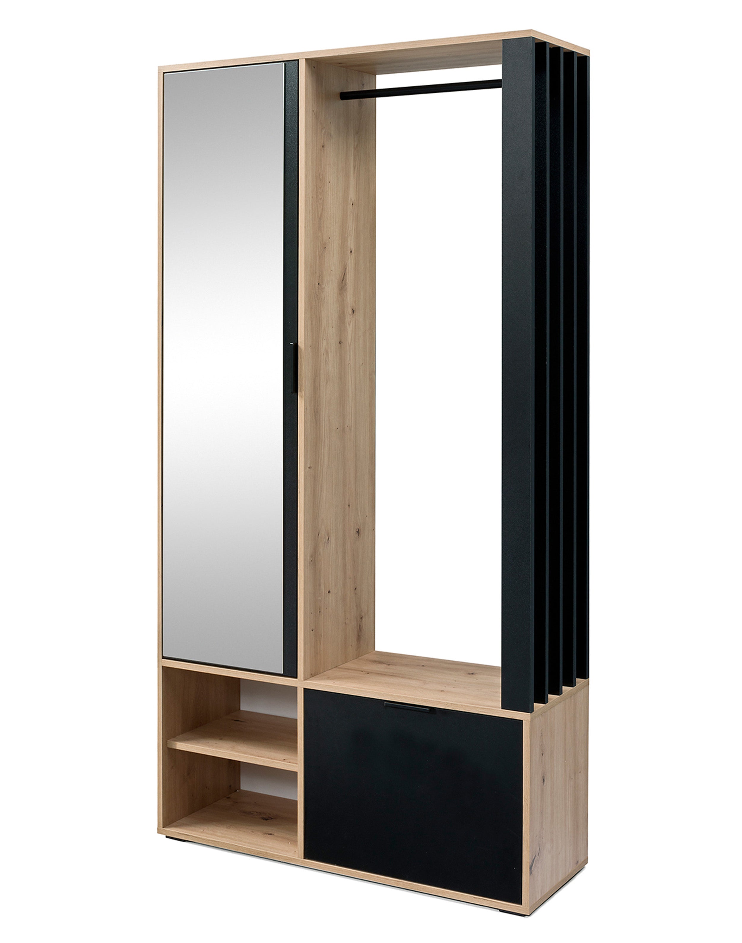 Garderoba jednodrzwiowa Moletto z lustrem i półkami 100 cm dąb artisan/czarna