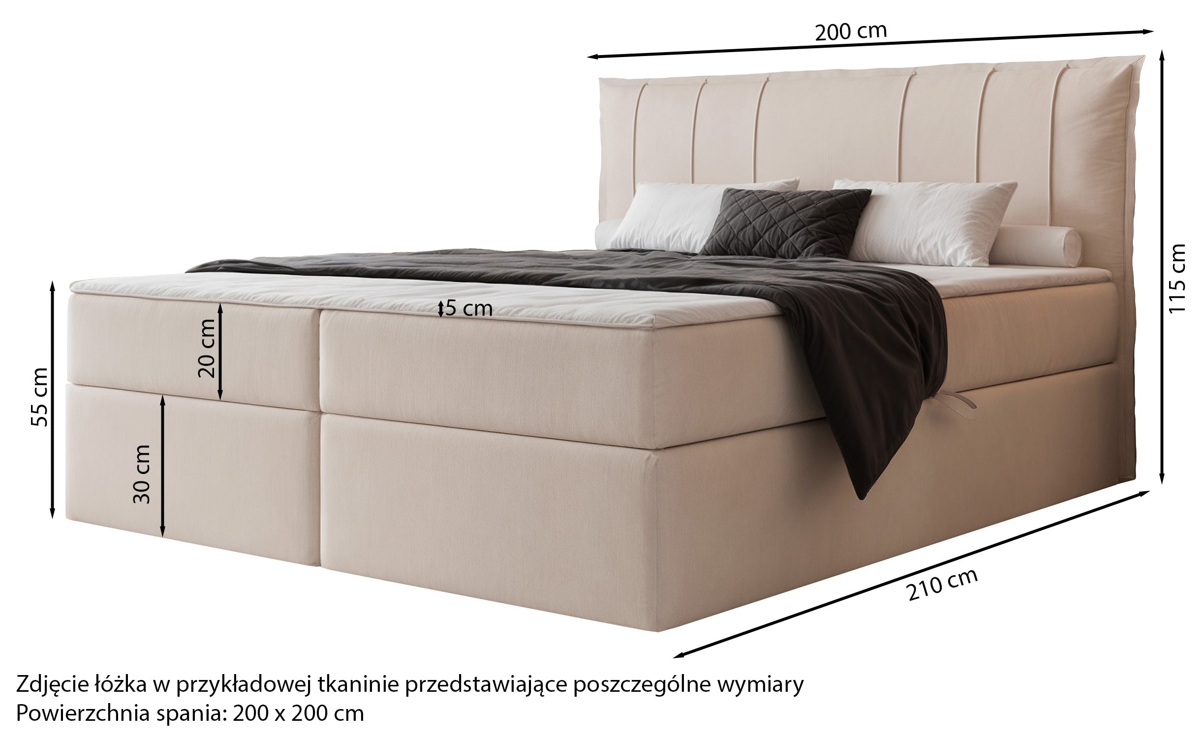 Łóżko kontynentalne 200x200 cm Moly z materacem bonellowym i topperem beżowe welur hydrofobowy