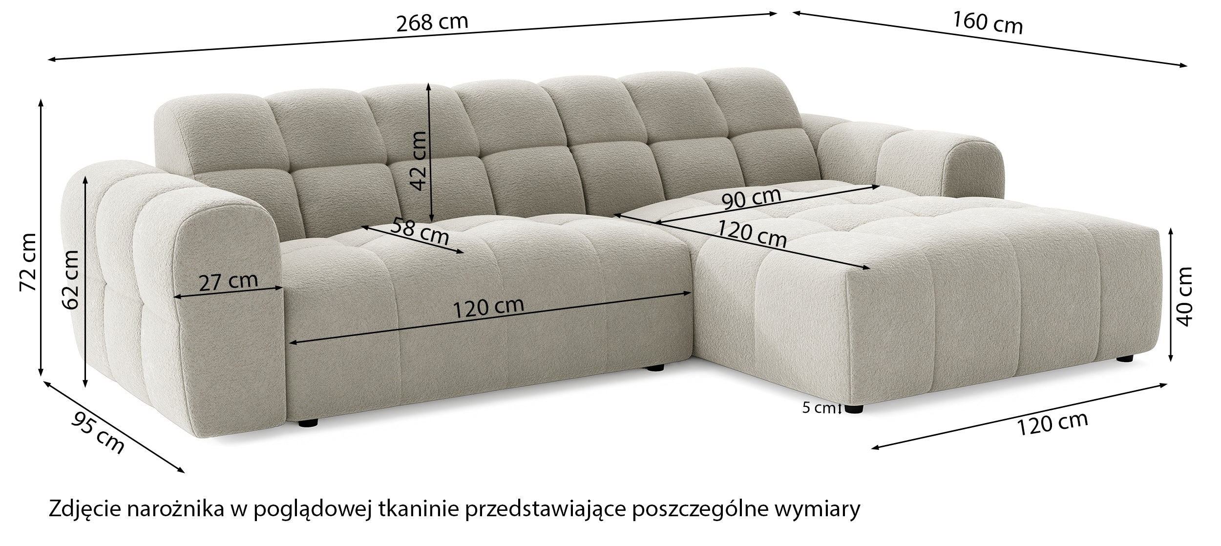 Narożnik Monti L-kształtny lewostronny beżowy szenil