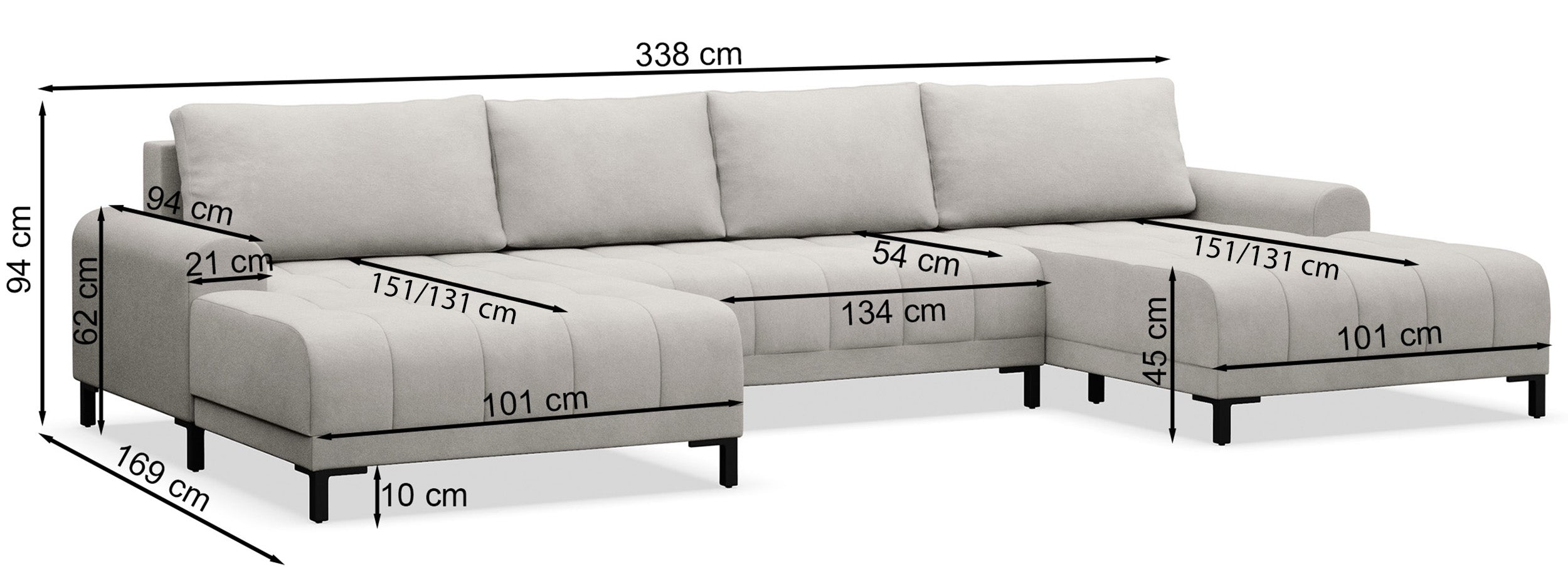 Narożnik z funkcją spania Motilla U-kształtny uniwersalny z pojemnikiem jasnoszary welur hydrofobowy