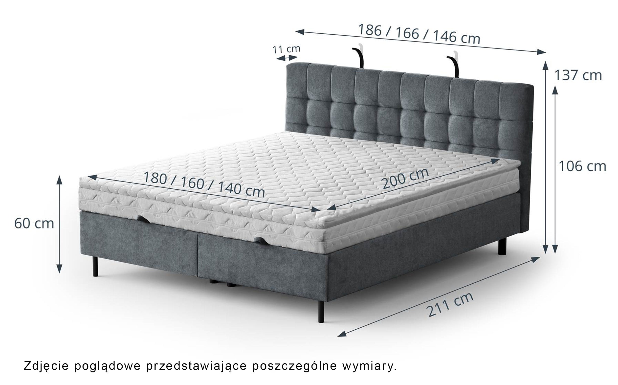 Łóżko kontynentalne 140x200 cm Muna z pojemnikiem i oświetleniem LED ciemnoszare welur