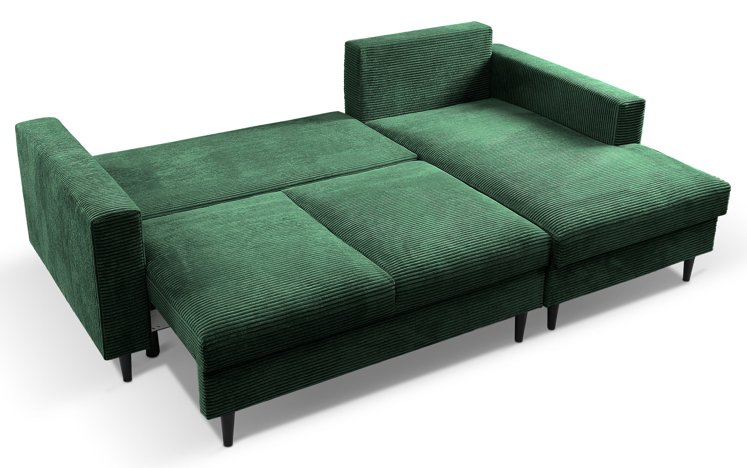 Narożnik z funkcją spania Nalika L-kształtny z pojemnikiem ciemnozielony sztruks prawostronny