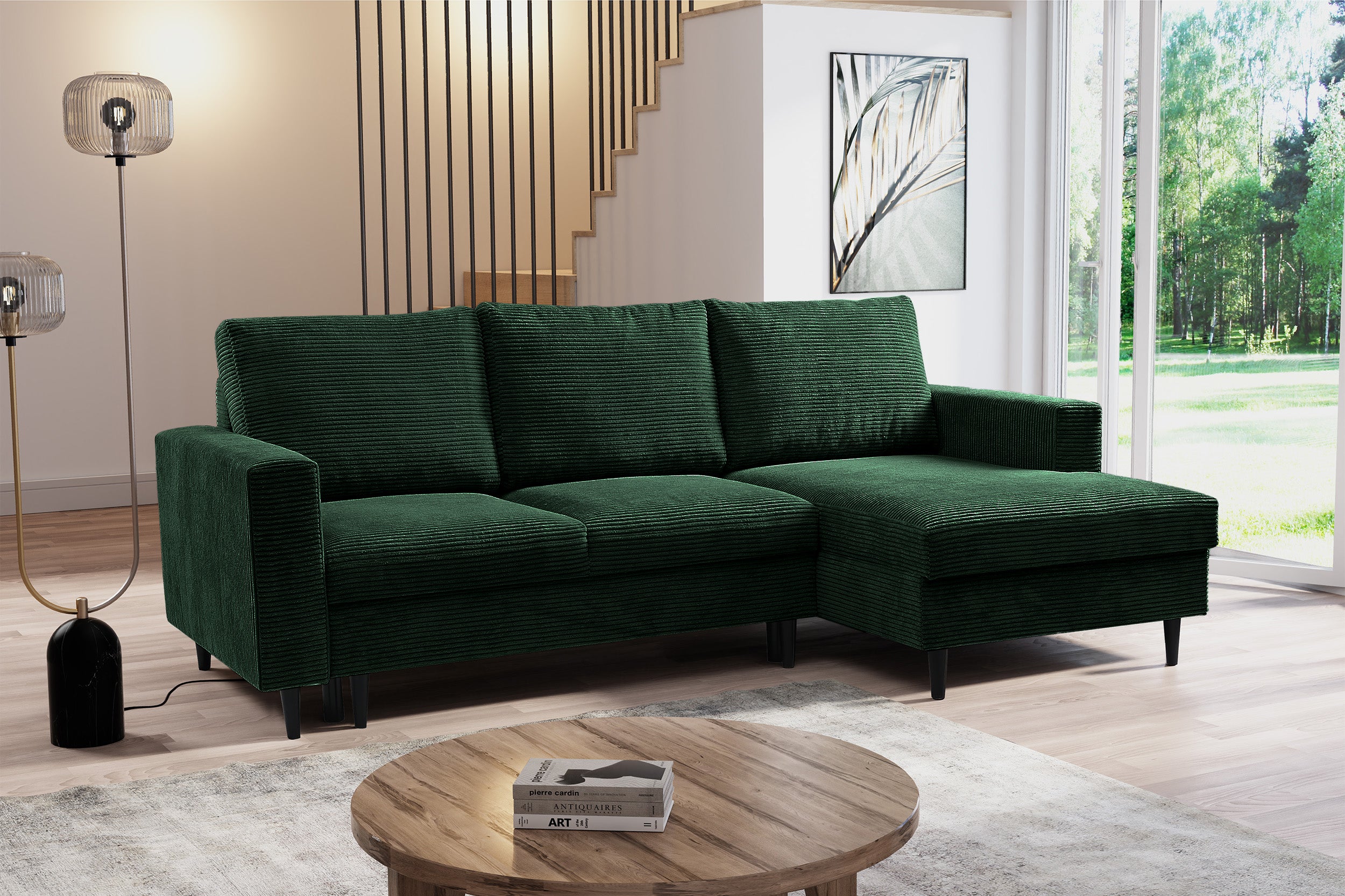 Narożnik z funkcją spania Nalika L-kształtny z pojemnikiem ciemnozielony sztruks prawostronny