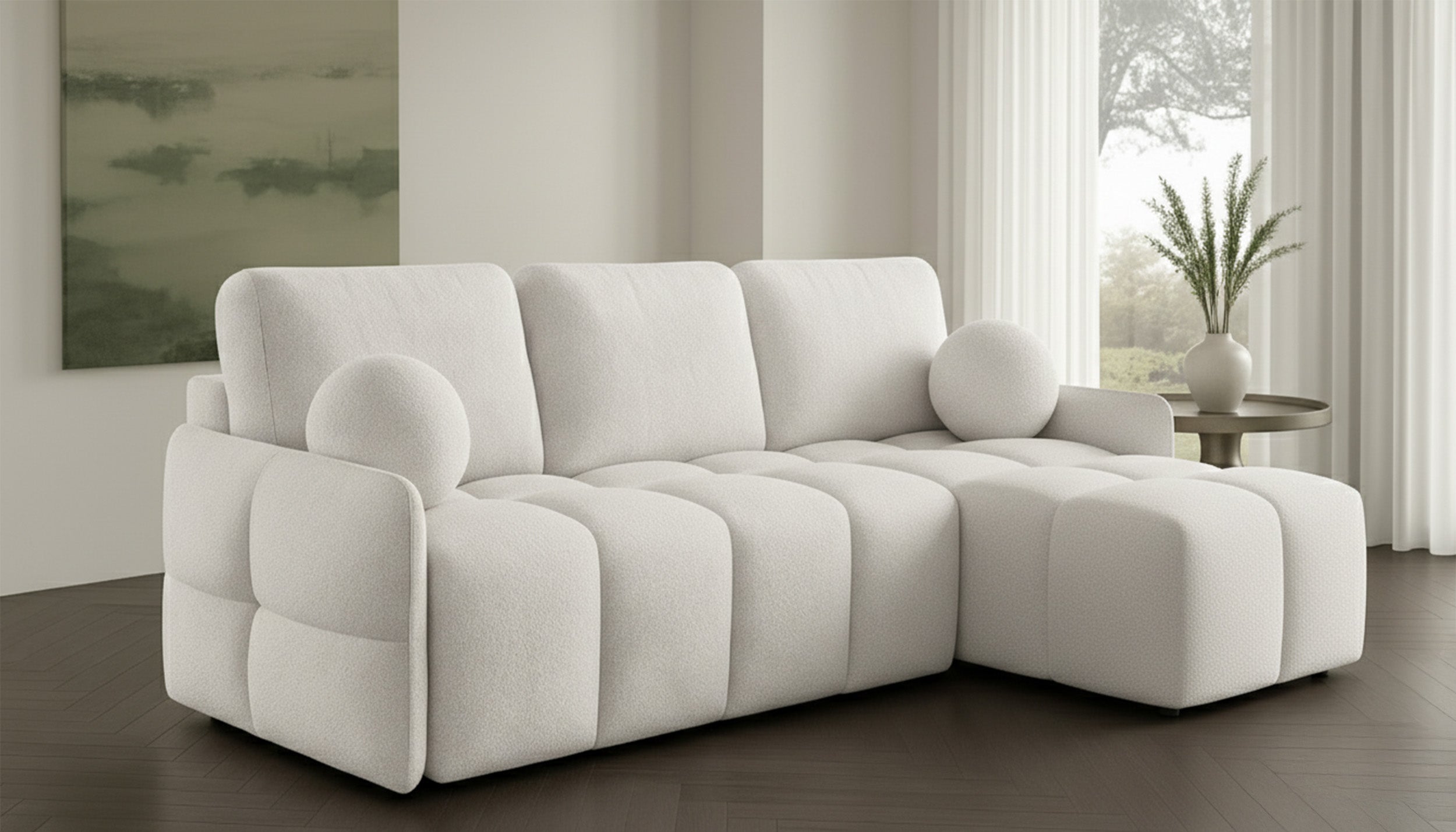 Narożnik z funkcją spania Fluffi L-kształtny uniwersalny z pojemnikiem kremowy boucle