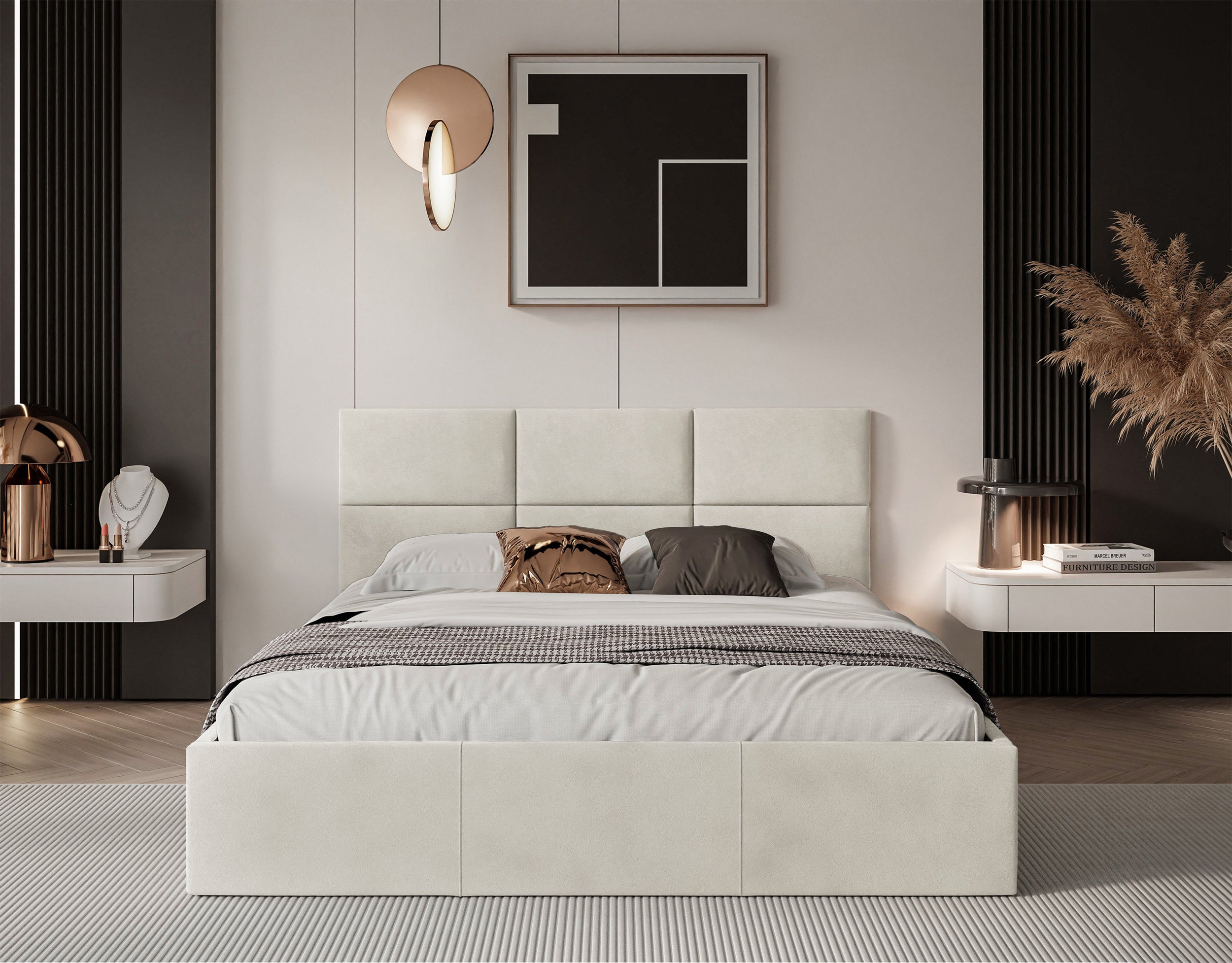 Łóżko tapicerowane 140x200 cm Nestio z pojemnikiem i metalowym stelażem kremowy welur