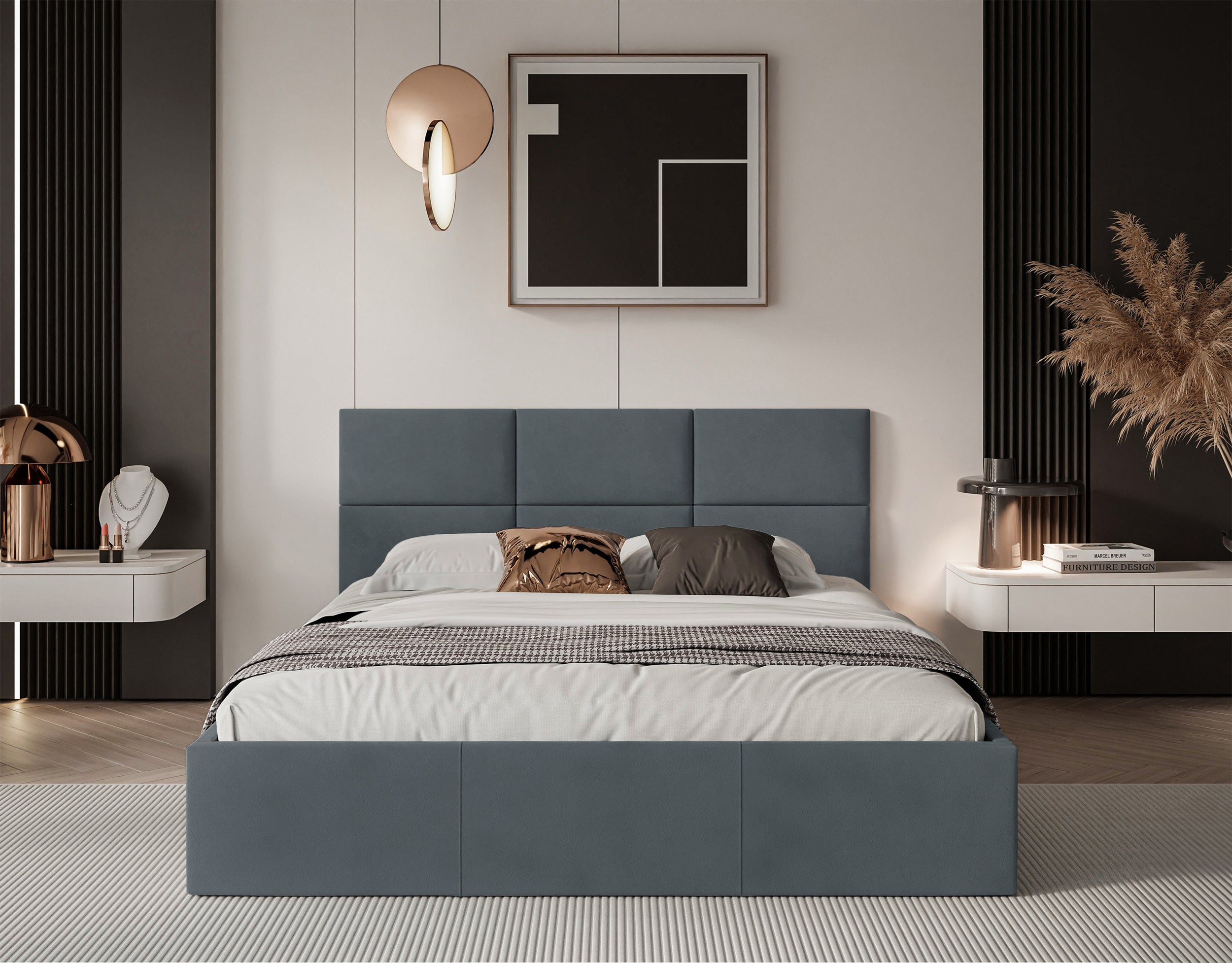 Łóżko tapicerowane 180x200 cm Nestio z pojemnikiem i metalowym stelażem stalowy welur