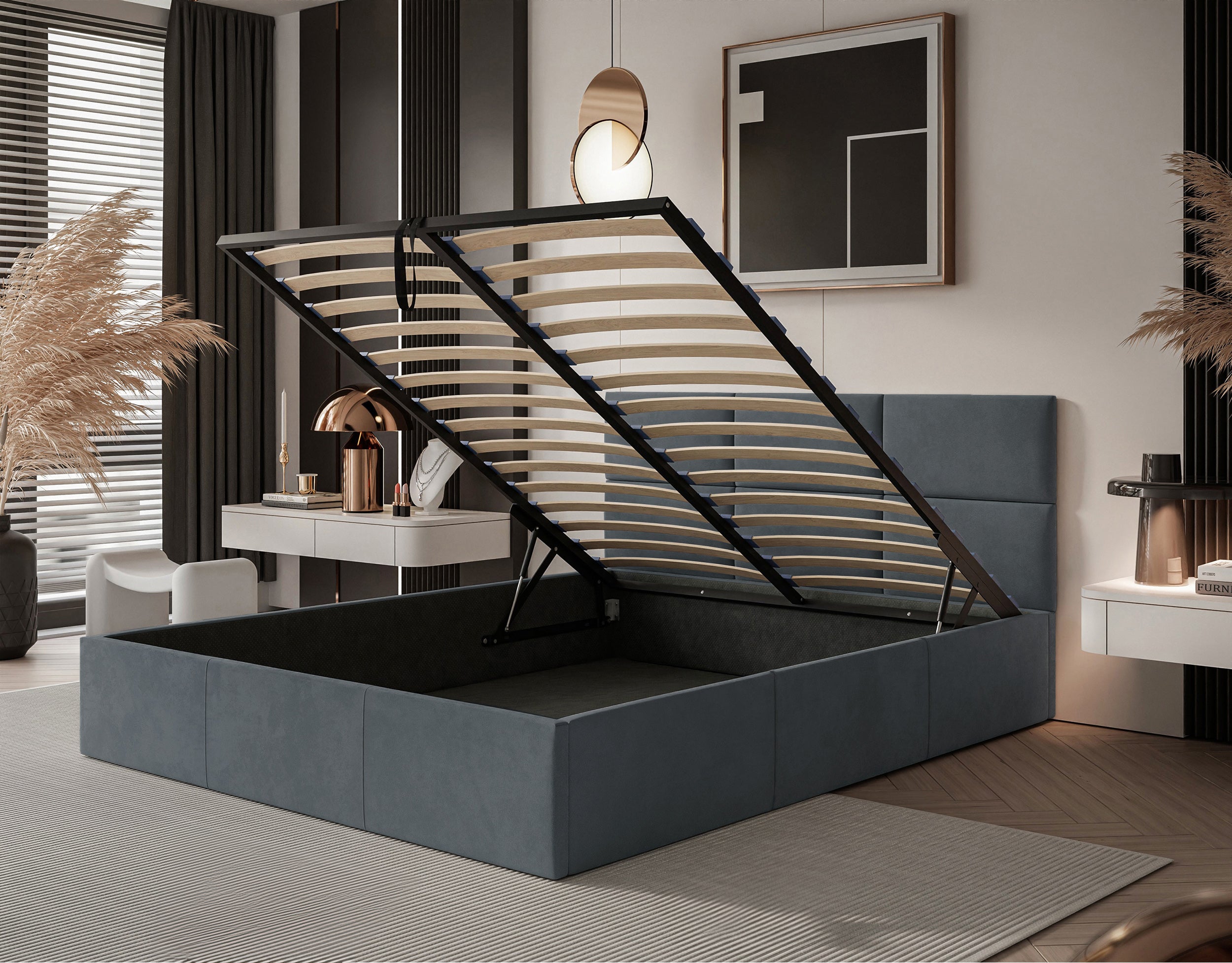Łóżko tapicerowane 180x200 cm Nestio z pojemnikiem i metalowym stelażem stalowy welur