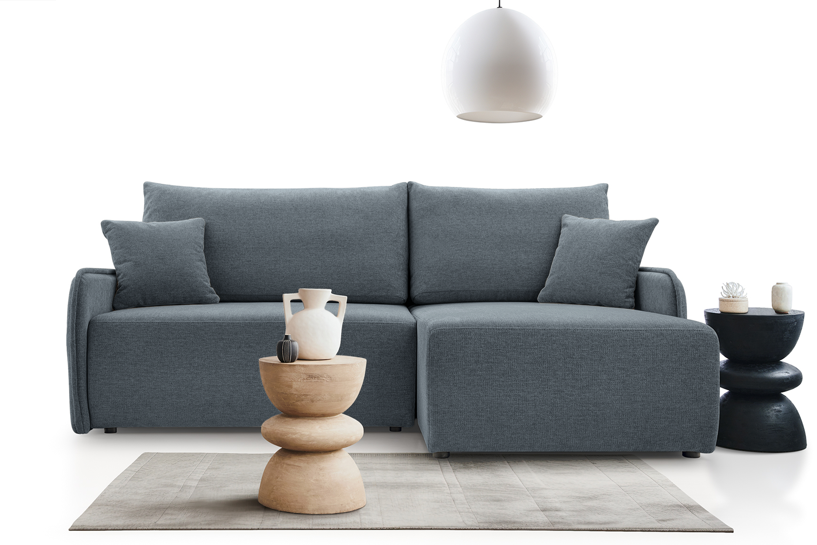 Narożnik z funkcją spania Netarro L-kształtny prawostronny z pojemnikiem ciemnoszary szenil