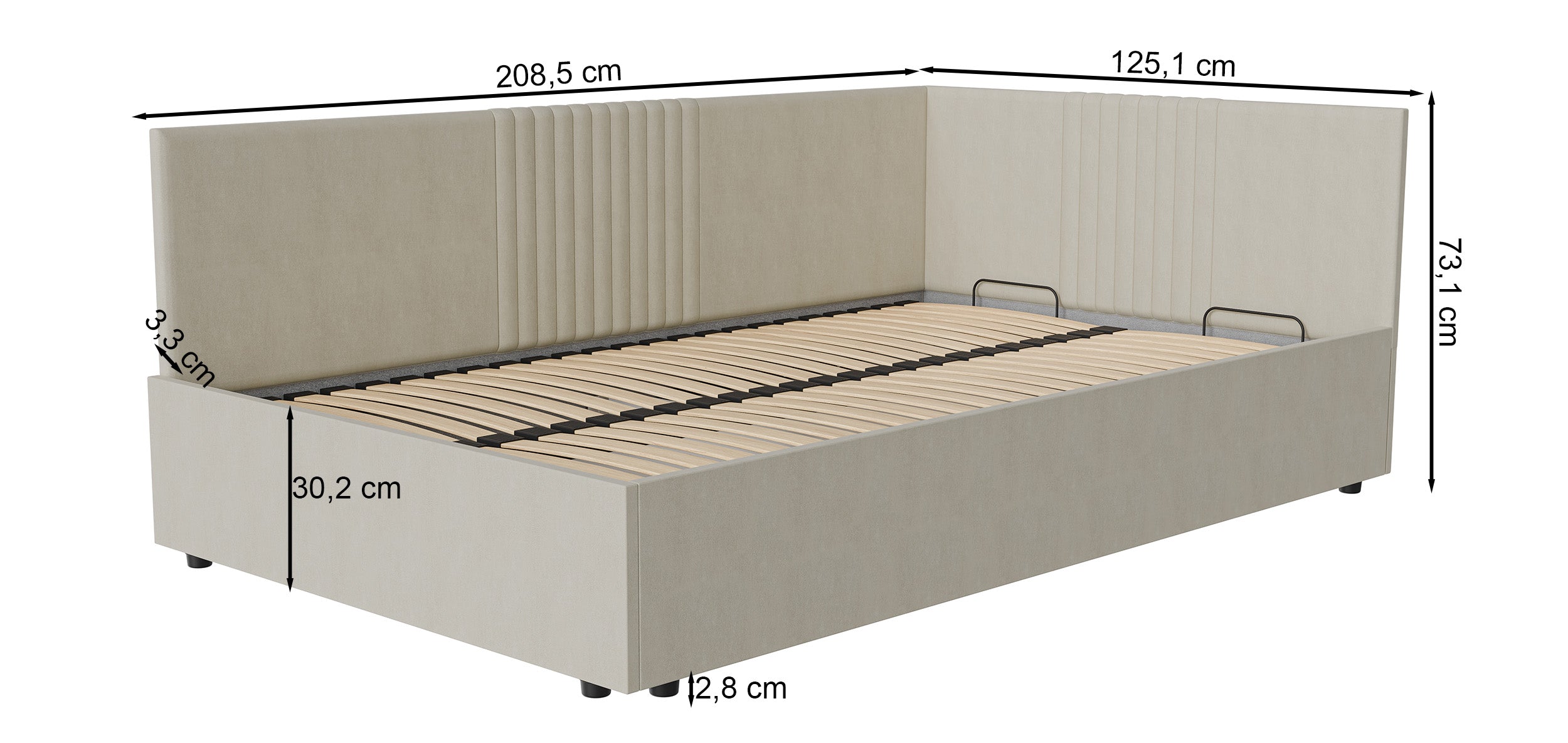 Łóżko młodzieżowe 120x200 cm Novede uniwersalne z pojemnikiem stelaż metalowy szare welur łatwoczyszczący