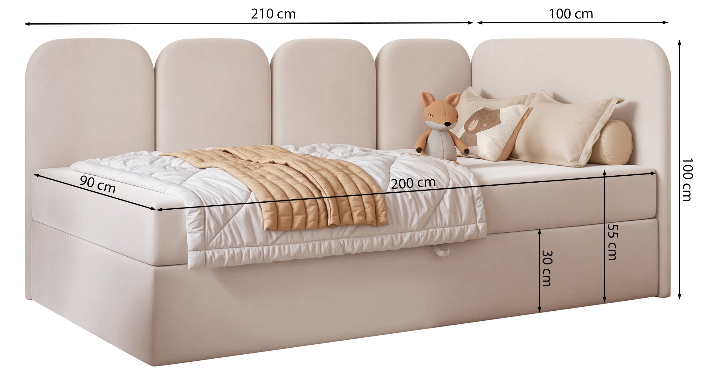 Łóżko młodzieżowe 90x200 cm Nubini lewostronne z pojemnikiem beżowe welur hydrofobowy