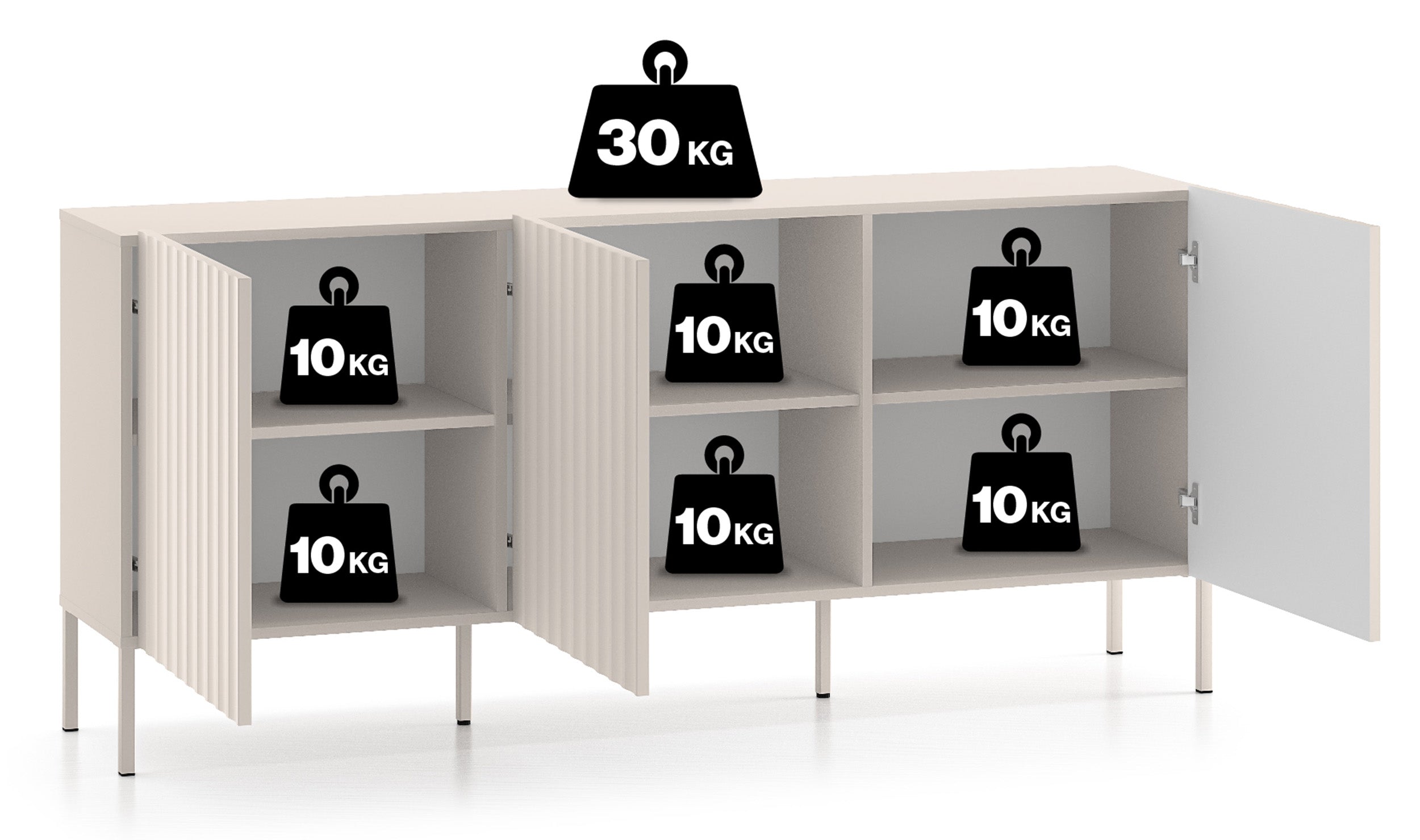 Komoda trzydrzwiowa Derriva z ryflowanymi frontami 170 cm kaszmir