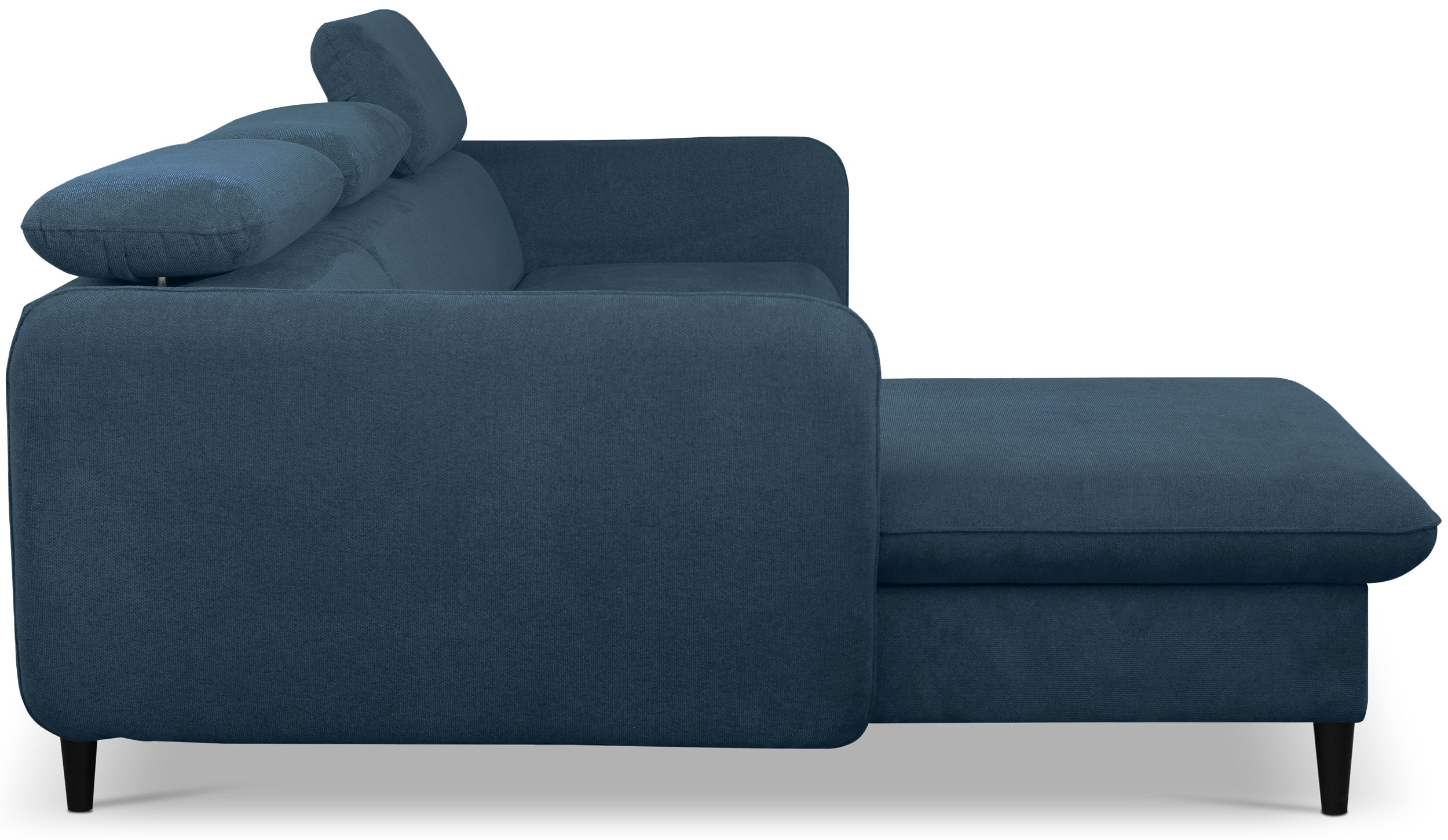 Narożnik z funkcją spania Drene L-kształtny lewostronny z regulowanymi zagłówkami i pojemnikiem granatowy szenil hydrofobowy