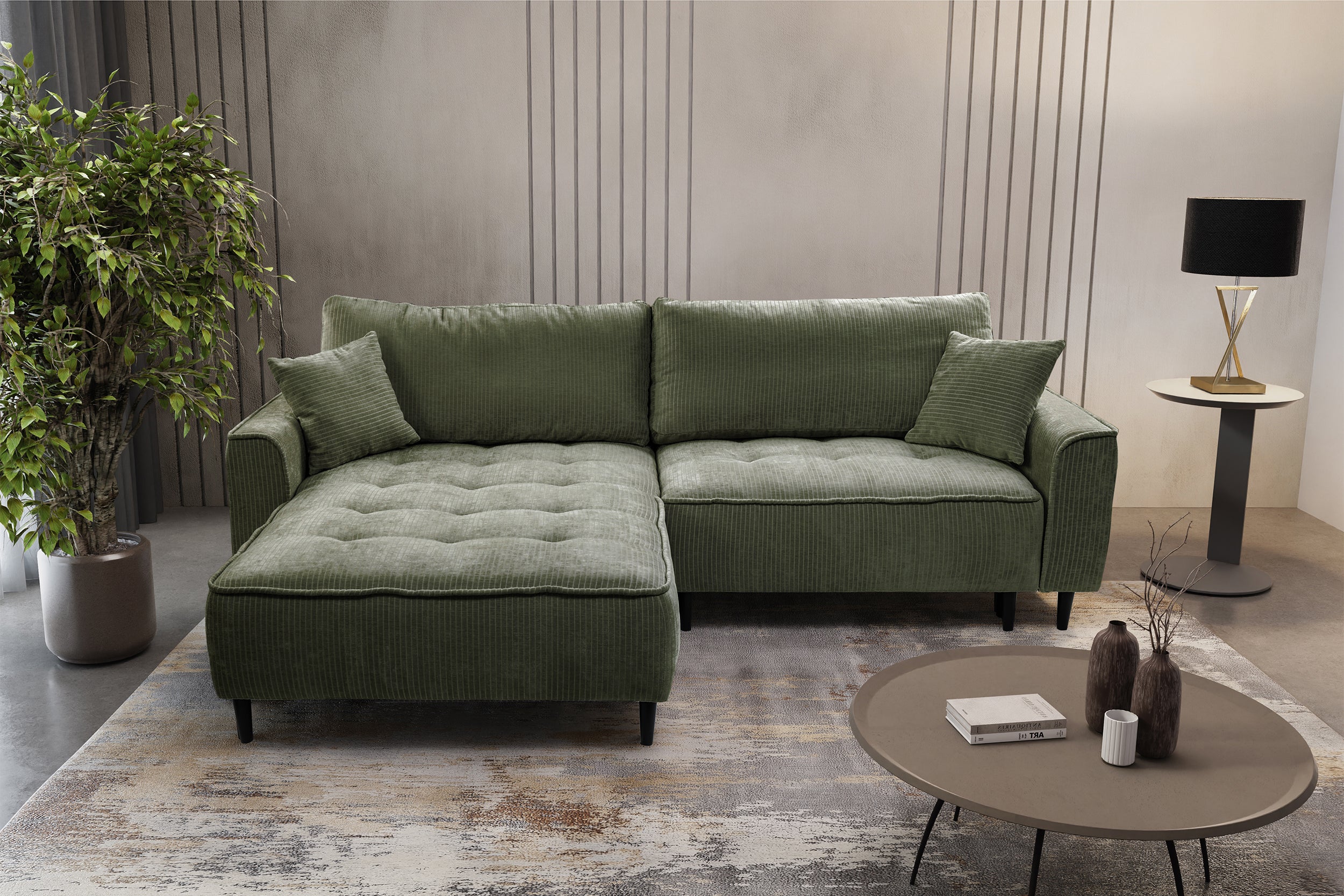 Narożnik z funkcją spania Blues L-kształtny lewostronny z pojemnikiem szałwiowy sztruks