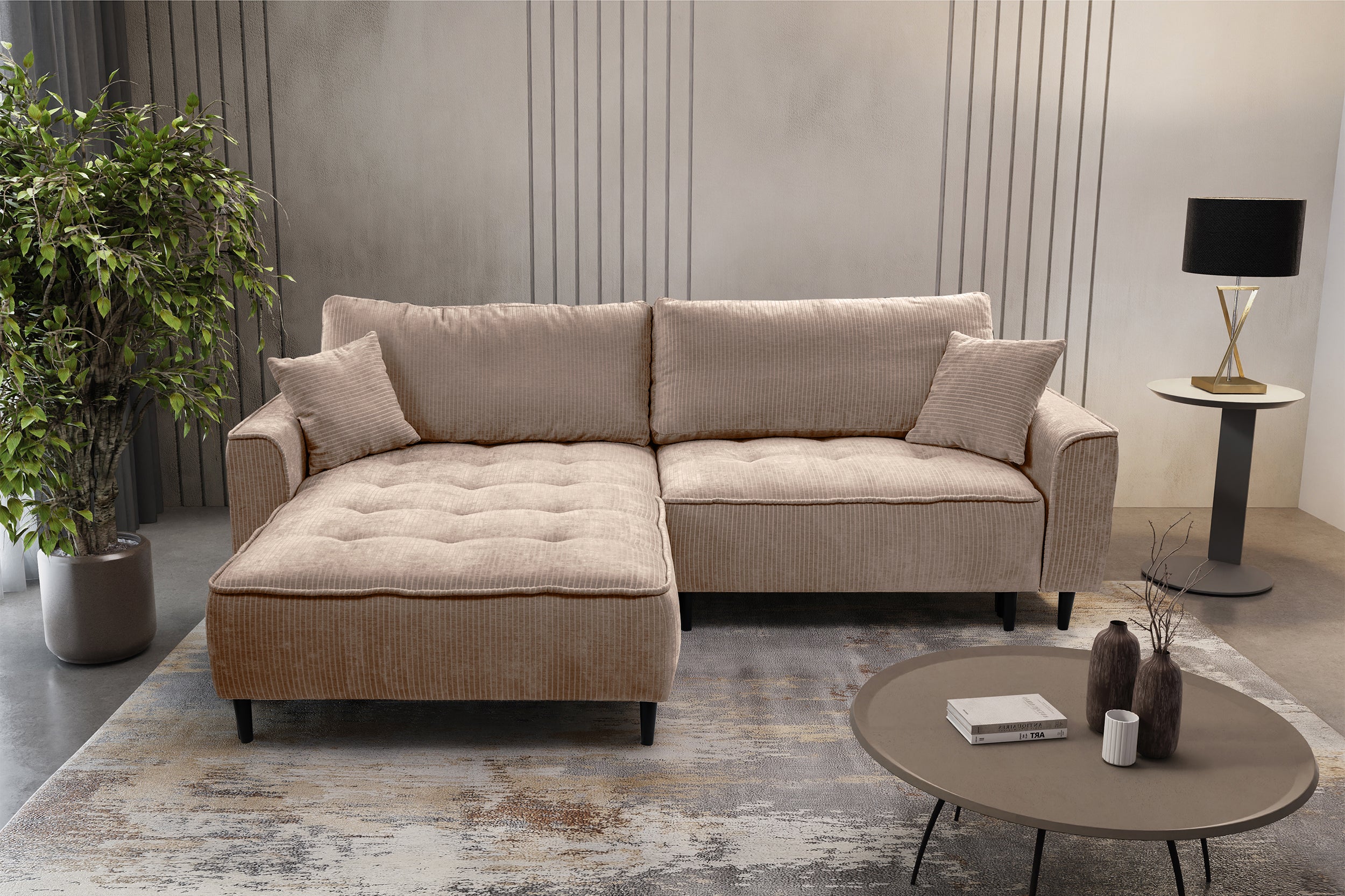 Narożnik z funkcją spania Blues L-kształtny lewostronny z pojemnikiem beżowy sztruks