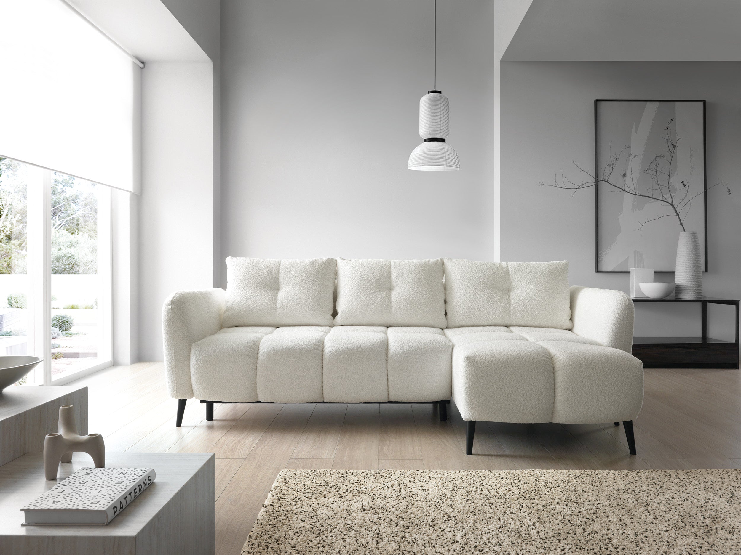 Narożnik z funkcją spania Odisso L-kształtny z pojemnikiem kremowy boucle prawostronny