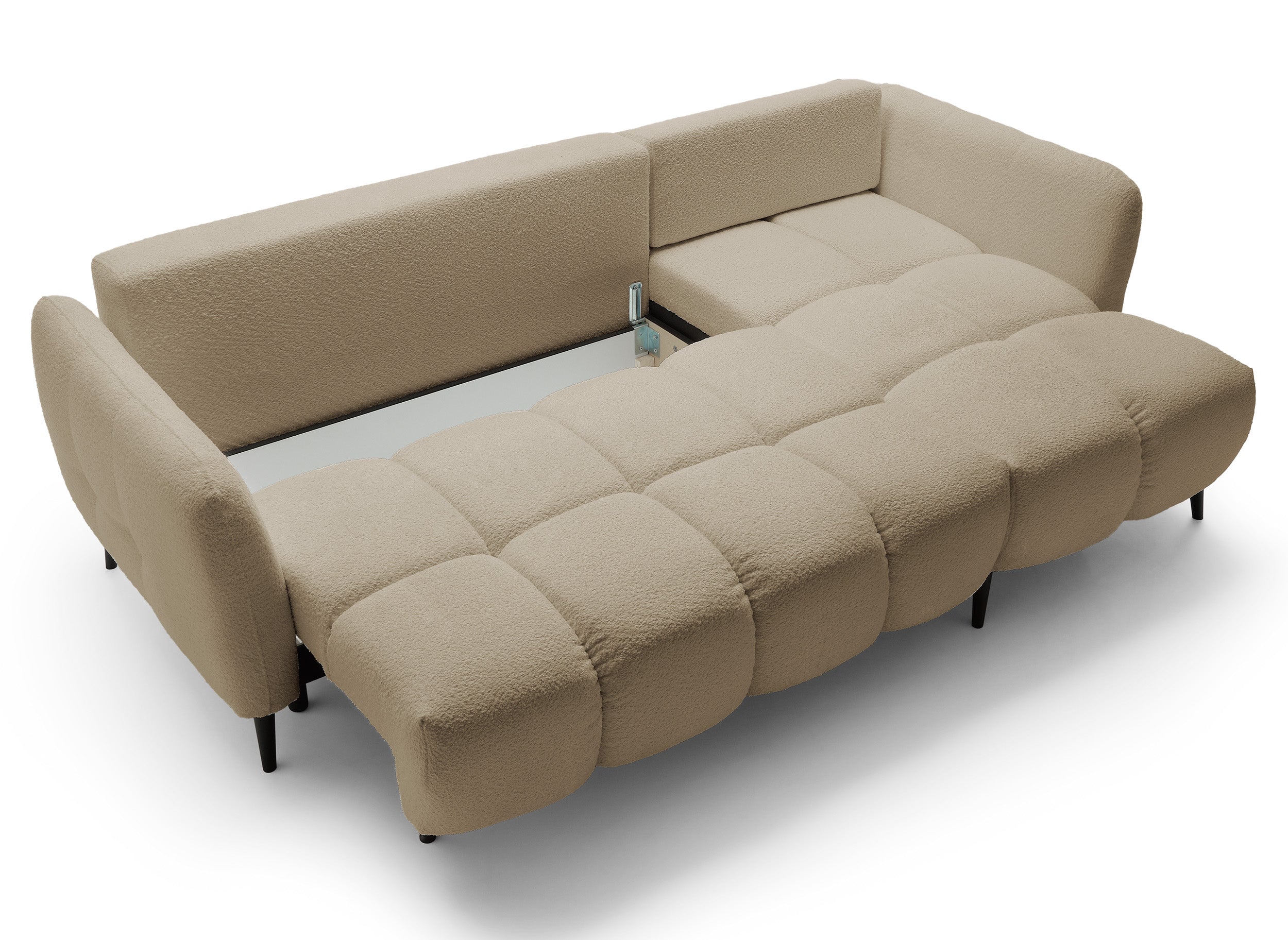 Narożnik z funkcją spania Odisso L-kształtny z pojemnikiem jasnobeżowy boucle prawostronny