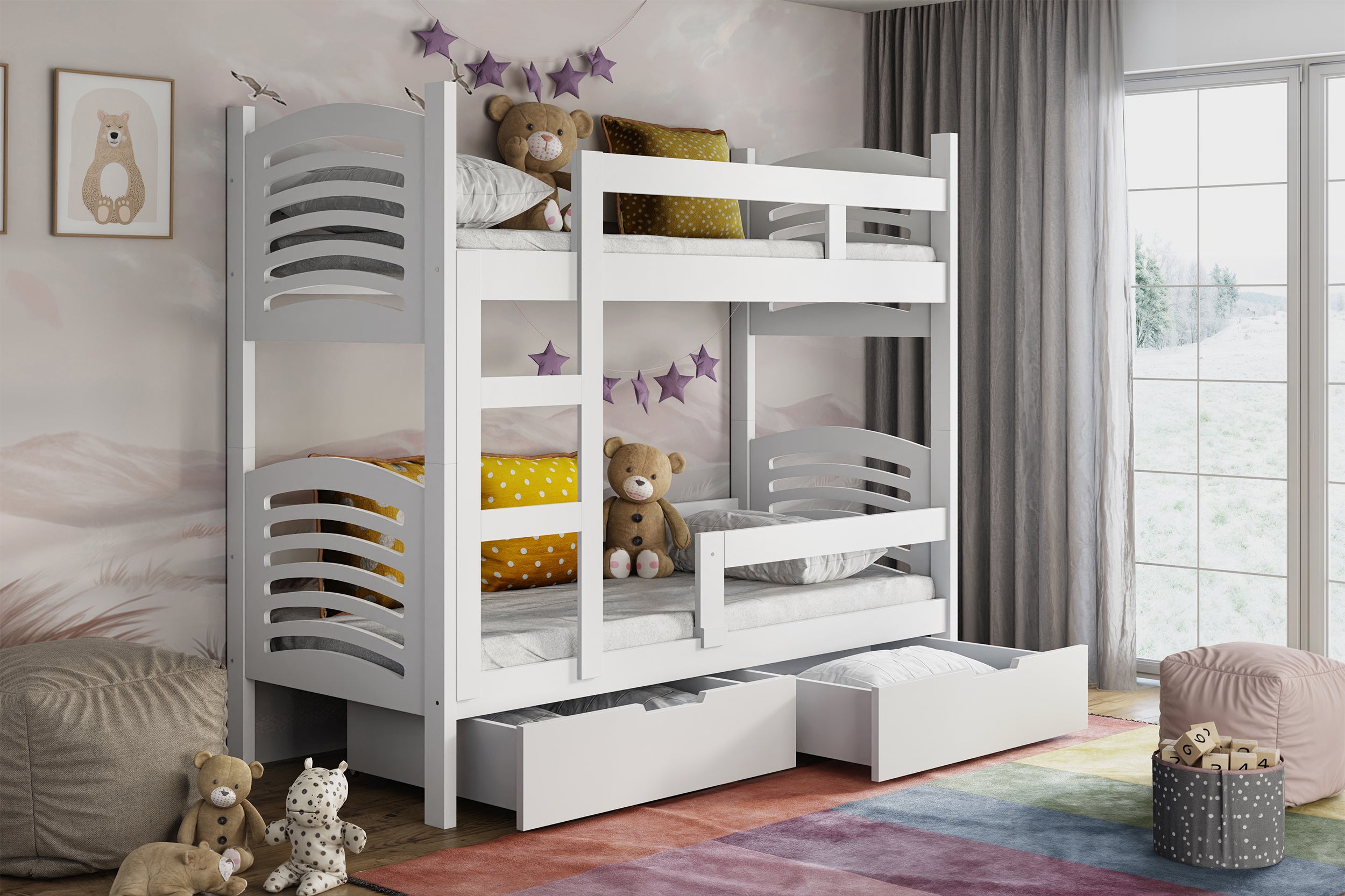Łóżko piętrowe 75x180 cm Cami z materacami i szufladami biały