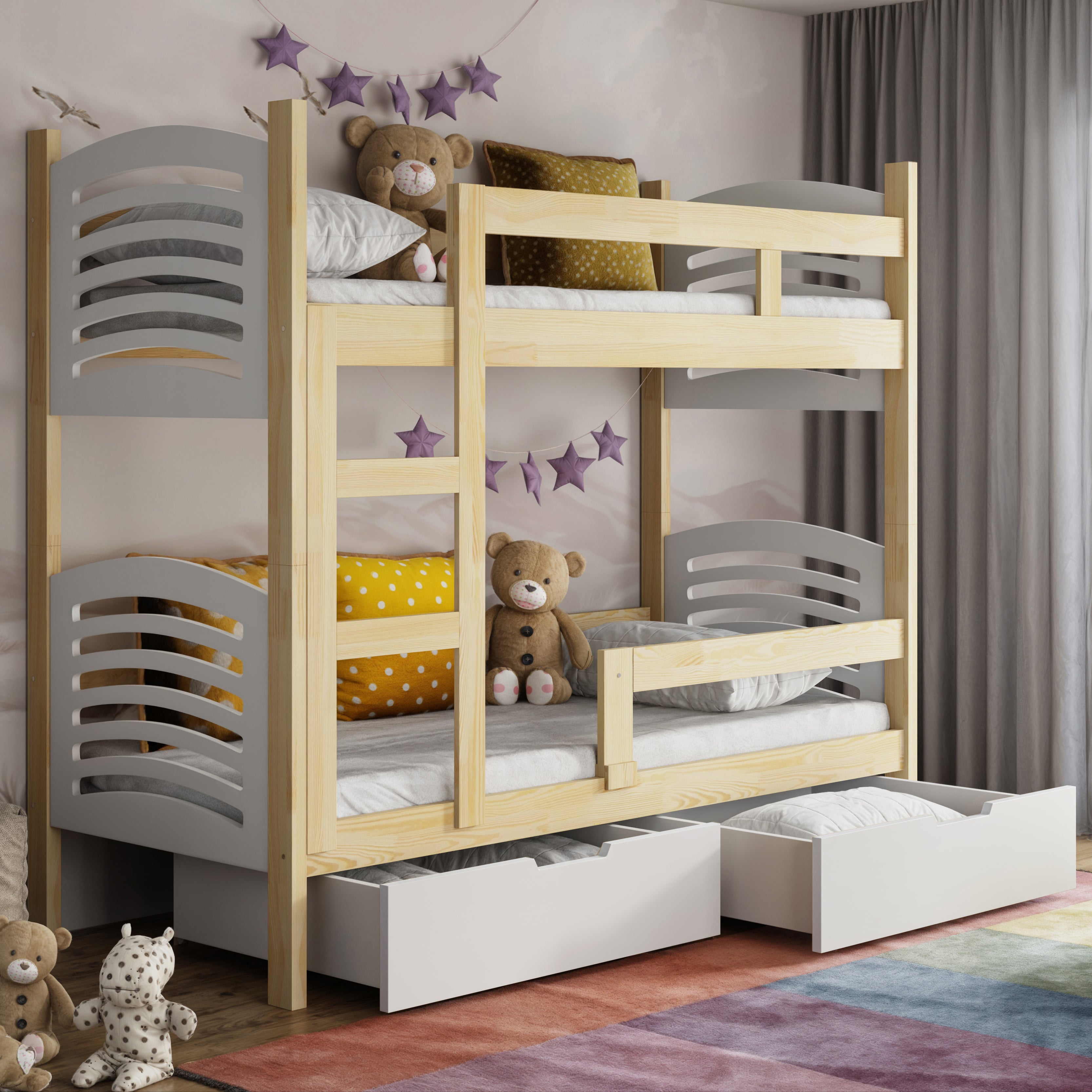 Łóżko piętrowe 75x180 cm Cami z szufladami sosna/biały