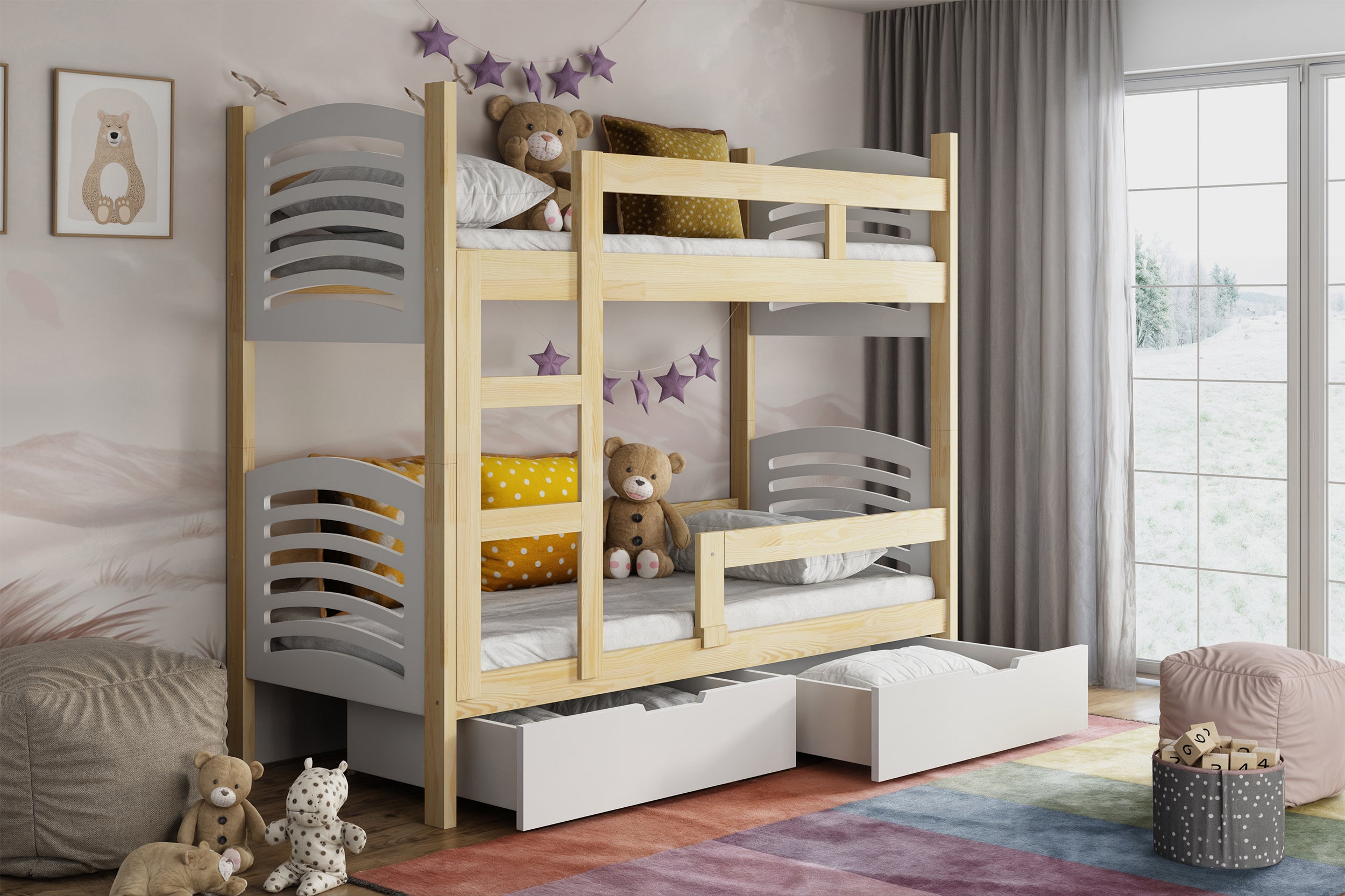Łóżko piętrowe 75x180 cm Cami z materacami i szufladami sosna/biały