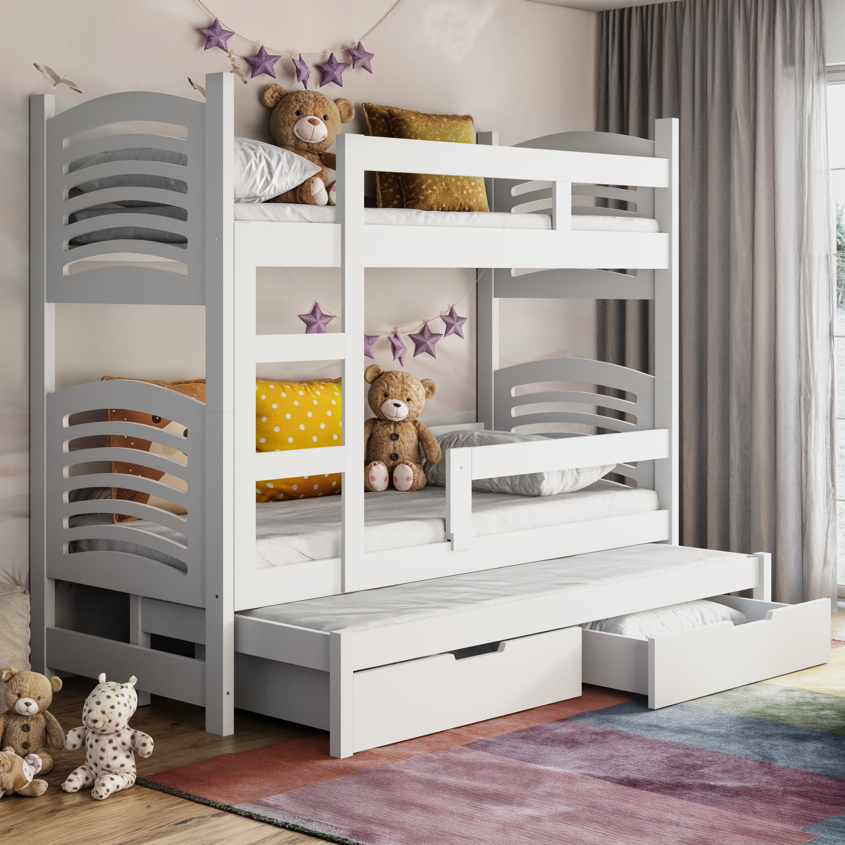 Łóżko piętrowe 75x180 cm Cami trzyosobowe z materacami i szufladami biały