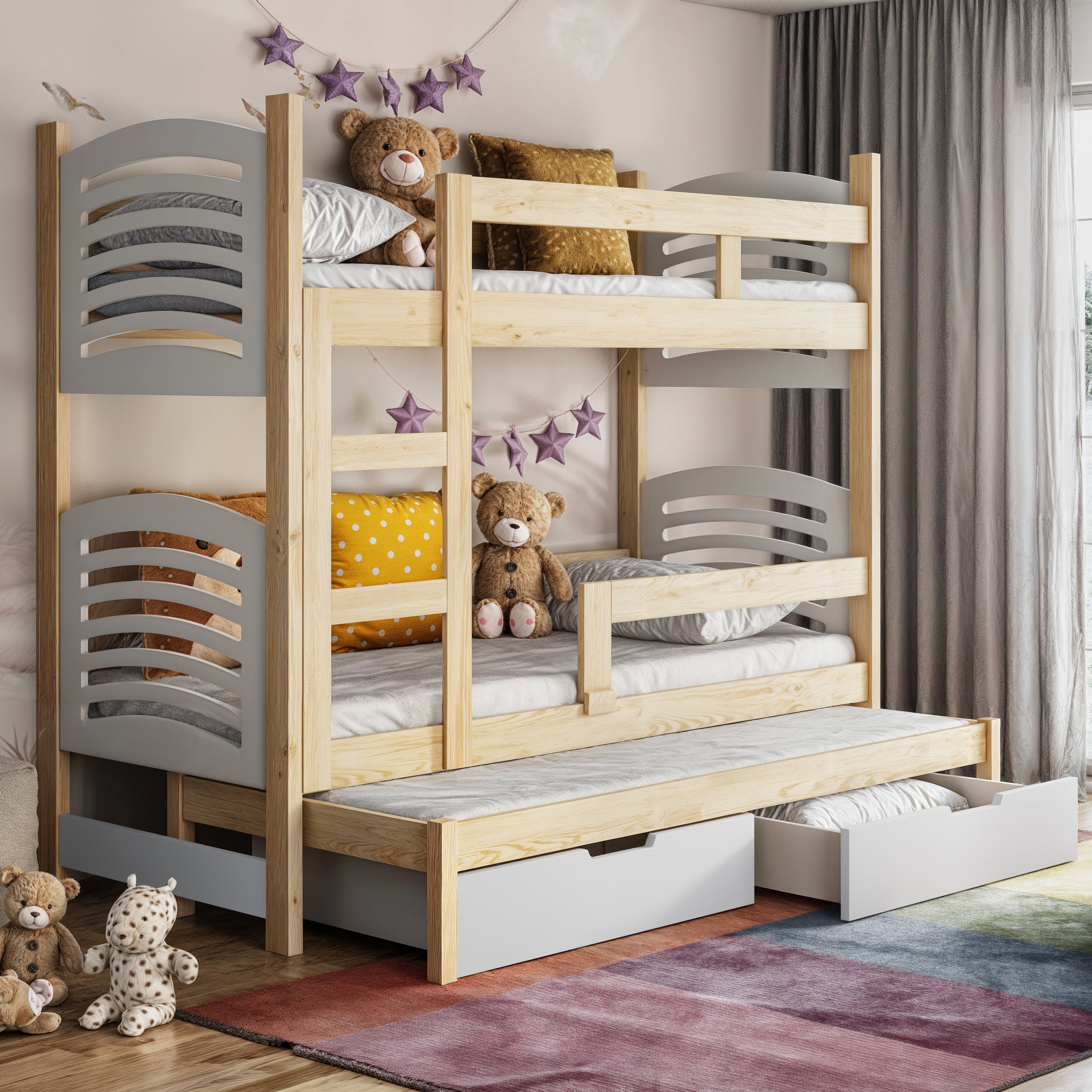 Łóżko piętrowe 75x180 cm Cami trzyosobowe z materacami i szufladami sosna/biały