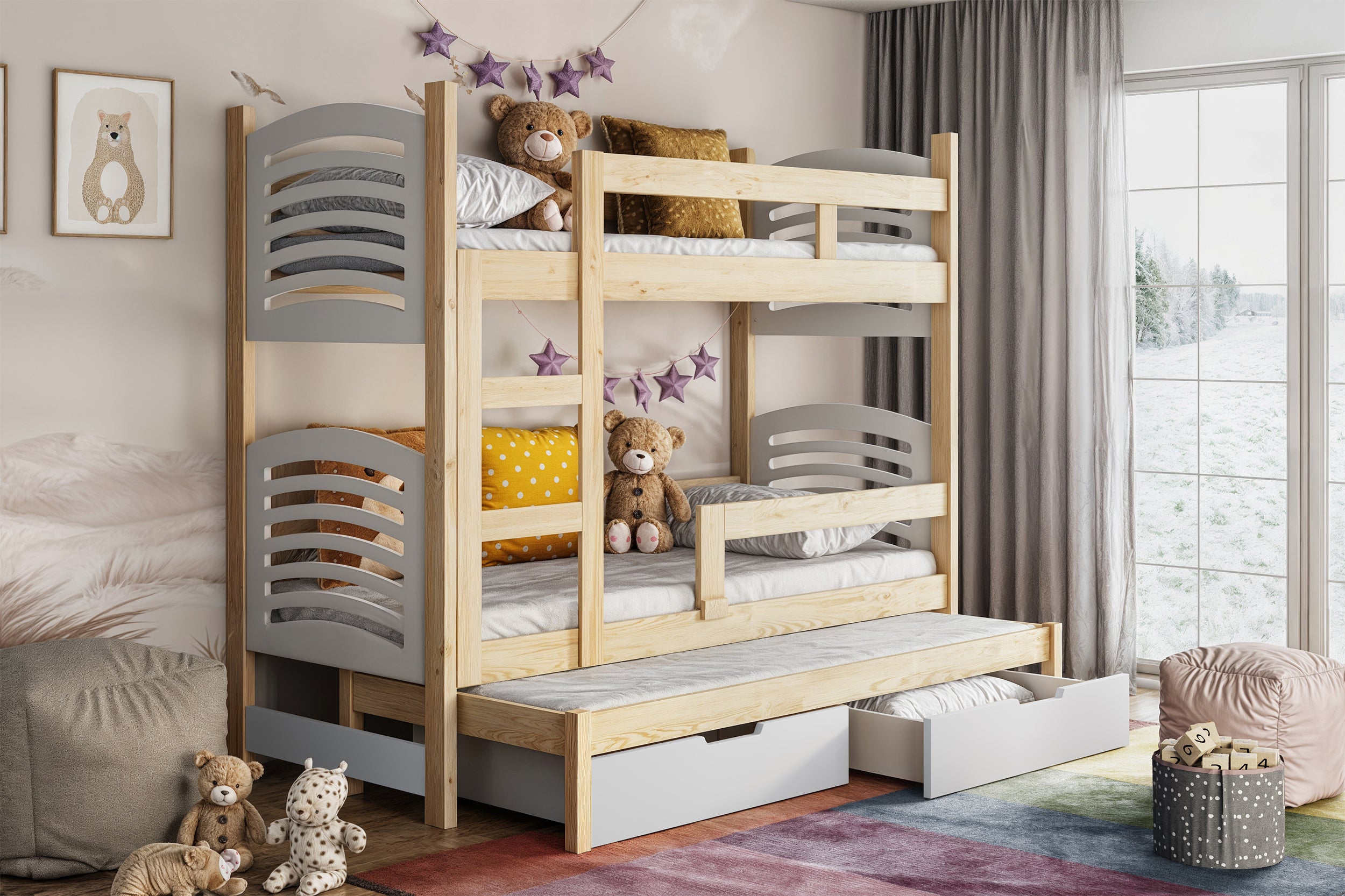 Łóżko piętrowe 75x180 cm Cami trzyosobowe z materacami i szufladami sosna/biały