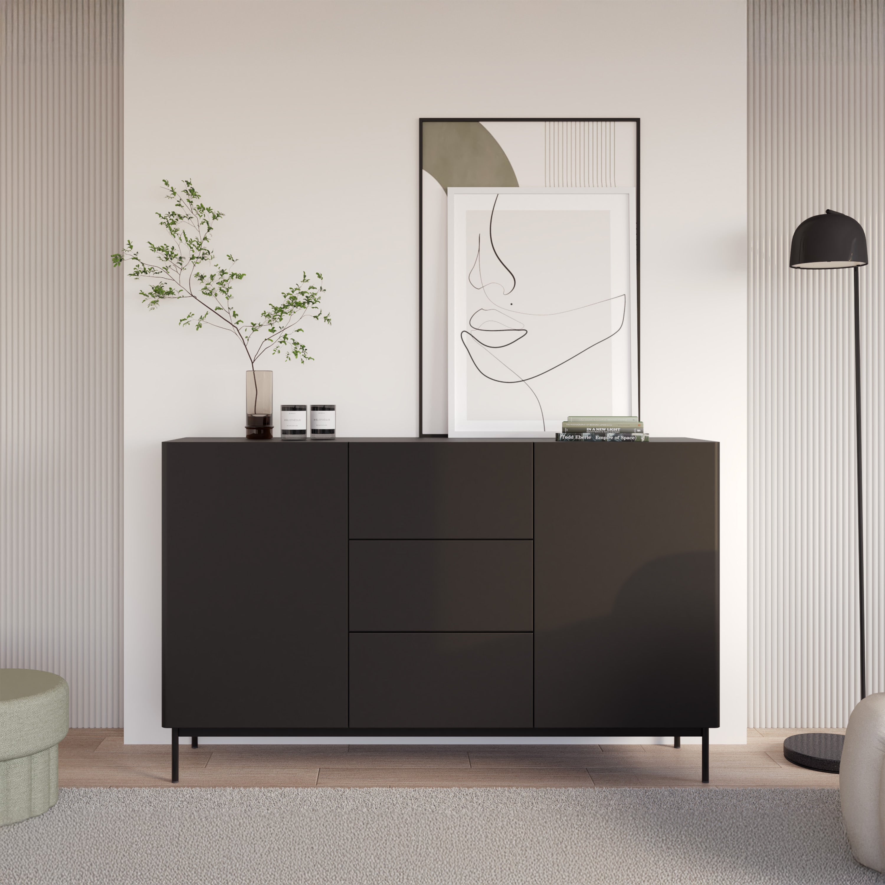 Komoda dwudrzwiowa Olio z trzema szufladami 160 cm czarna
