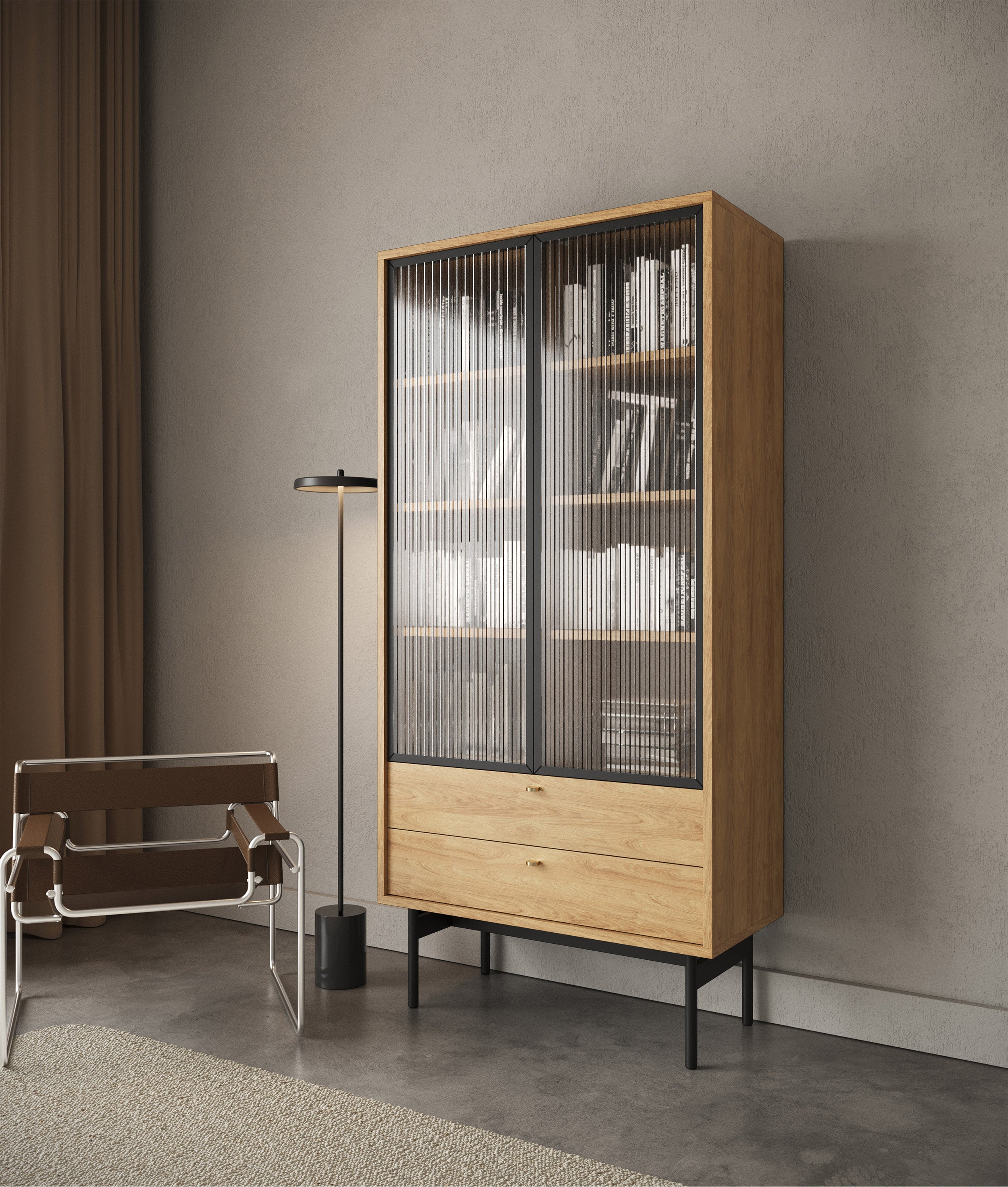 Witryna wysoka Olar 85 cm z czterema półkami i dwiema szufladami Hikora naturalna