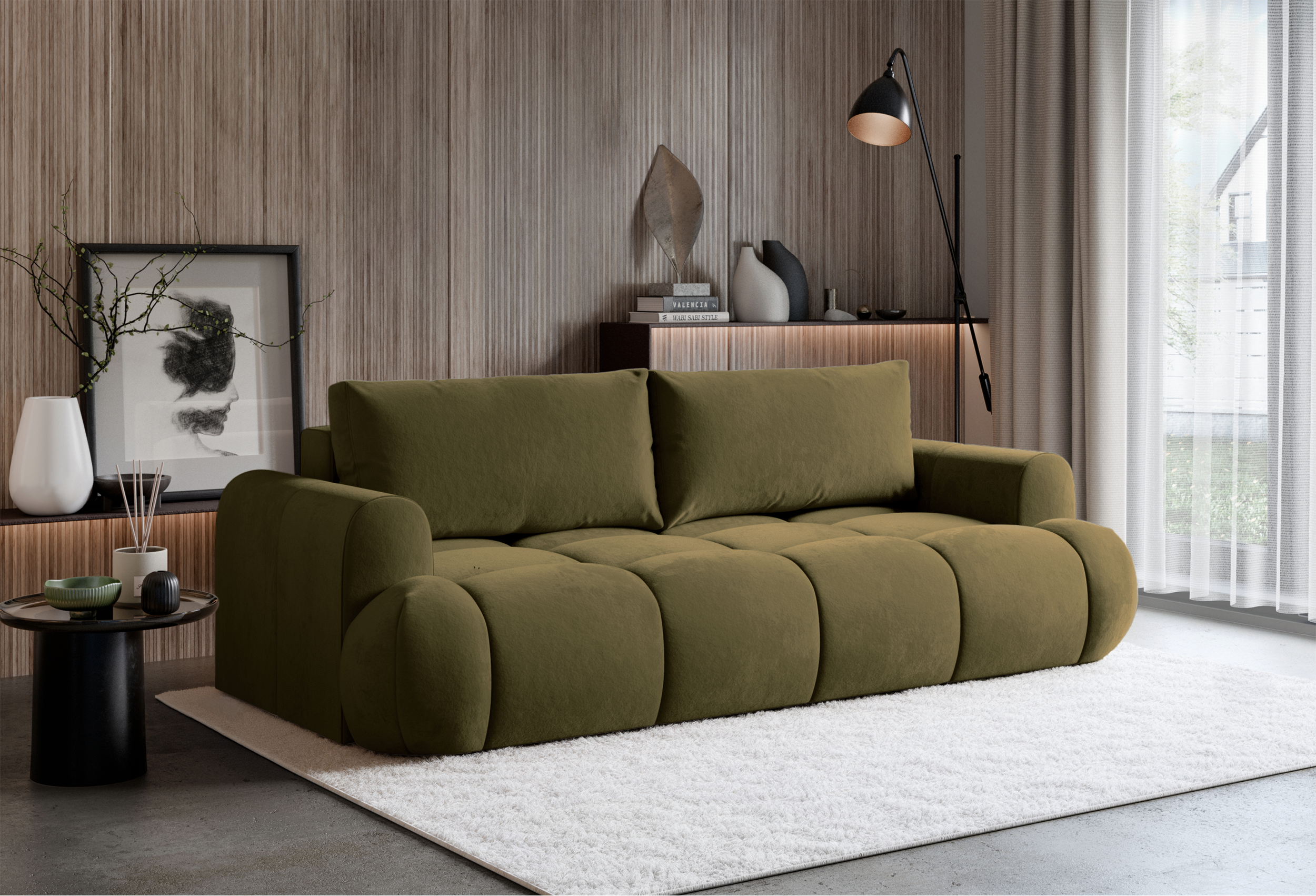 Kanapa rozkładana trzyosobowa Ombo Doce z pojemnikiem oliwkowa welur hydrofobowy