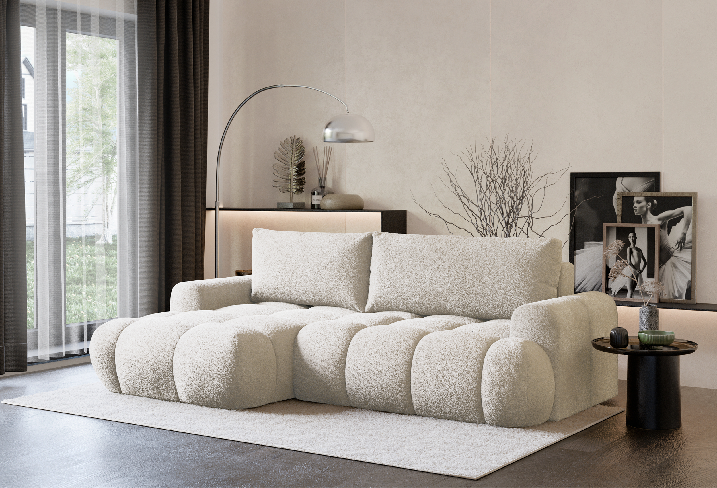 Narożnik z funkcją spania Ombo Mini L-kształtny lewostronny z pojemnikiem kremowy plusz