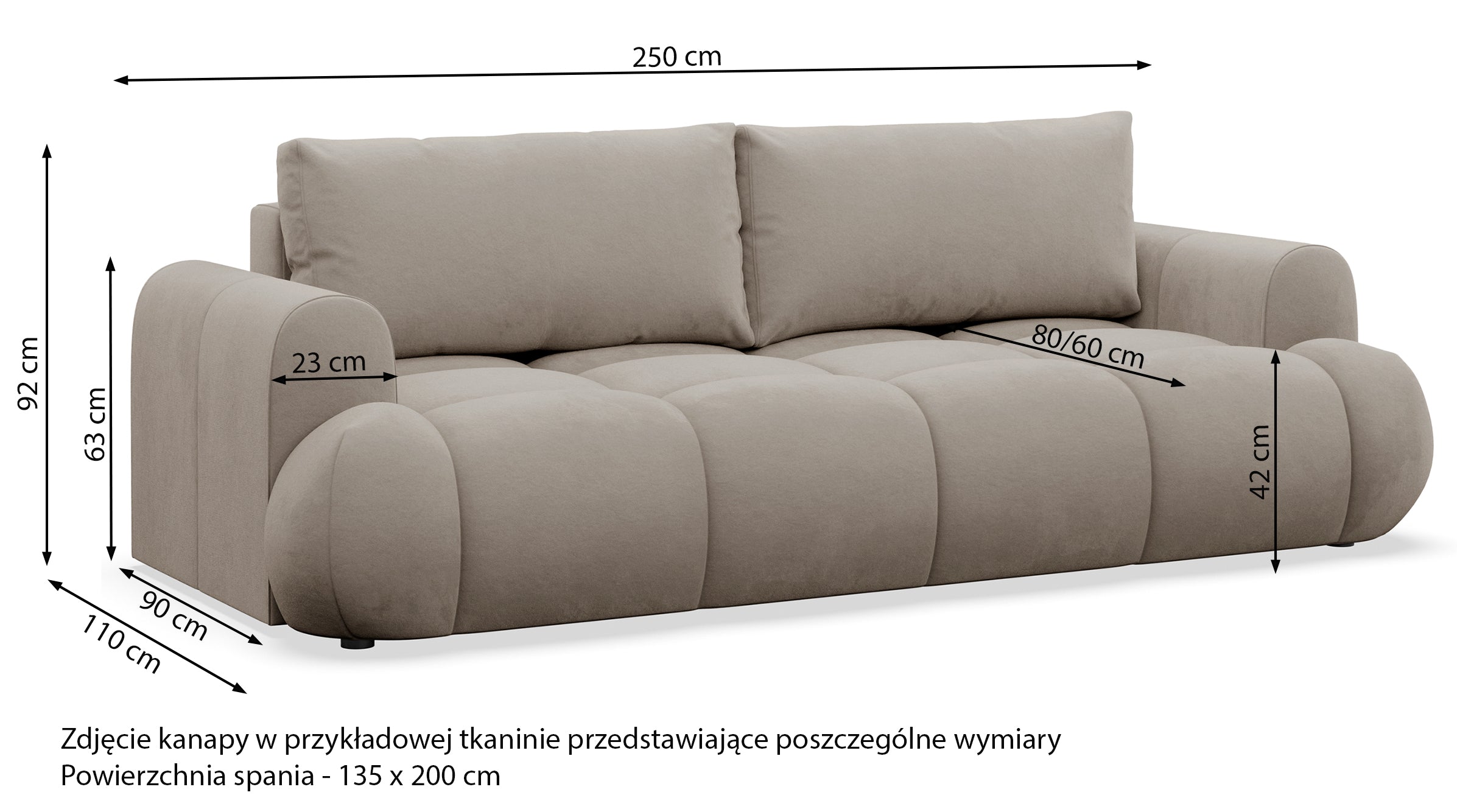 Kanapa rozkładana trzyosobowa Ombo Doce z pojemnikiem szarobeżowa welur hydrofobowy