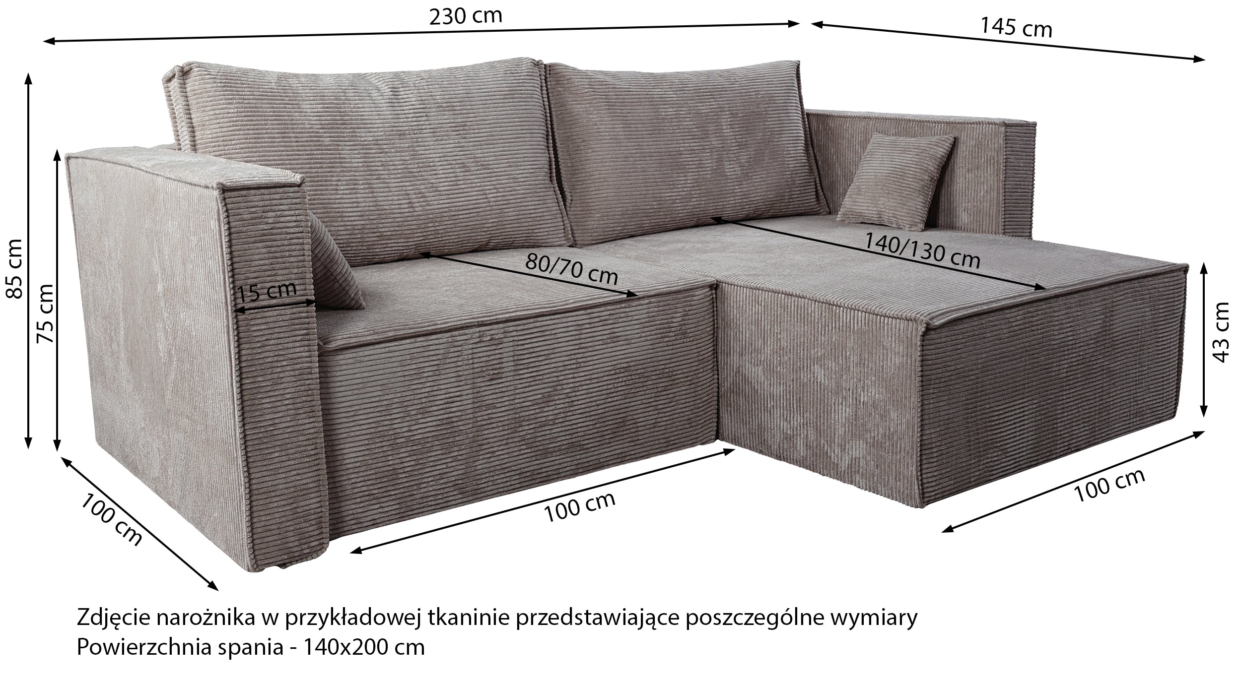 Narożnik z funkcją spania Ontaro L-kształtny uniwersalny z pojemnikiem ciemnoszary sztruks