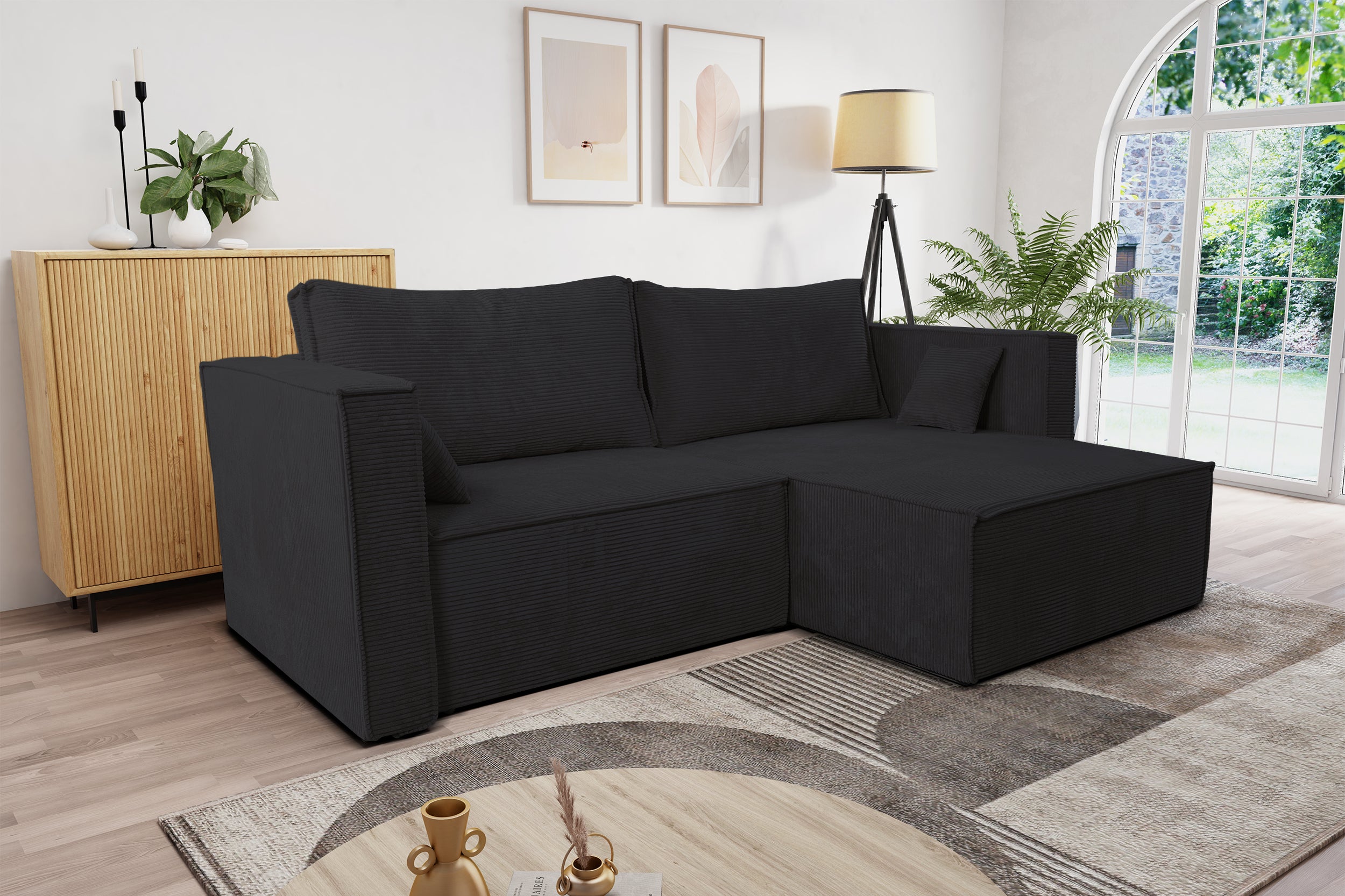 Narożnik z funkcją spania Ontaro L-kształtny uniwersalny z pojemnikiem grafitowy sztruks