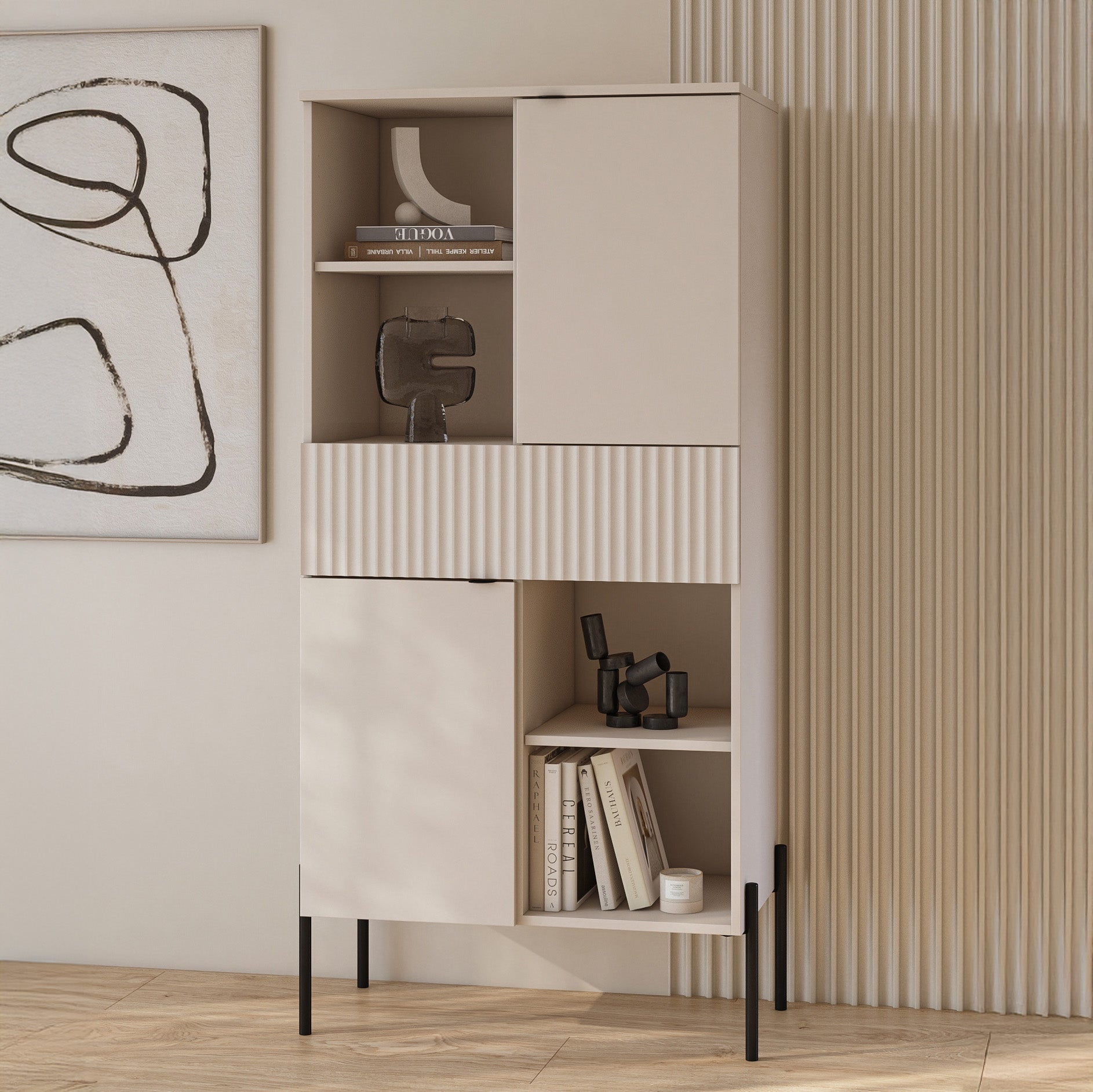 Regał dwudrzwiowy Ore z szufladą 70 cm kaszmir z ryflowanym frontem