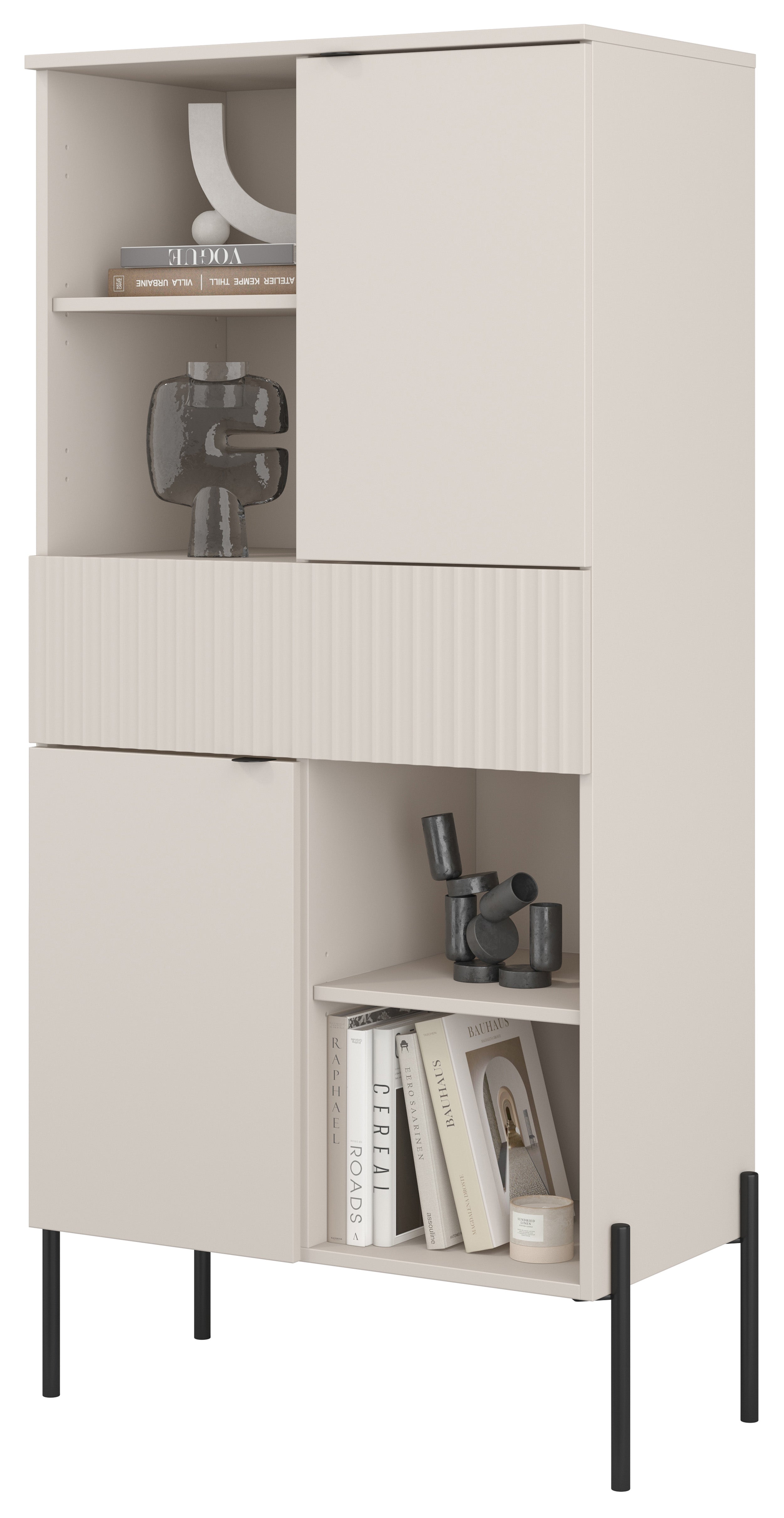 Regał dwudrzwiowy Ore z szufladą 70 cm kaszmir z ryflowanym frontem