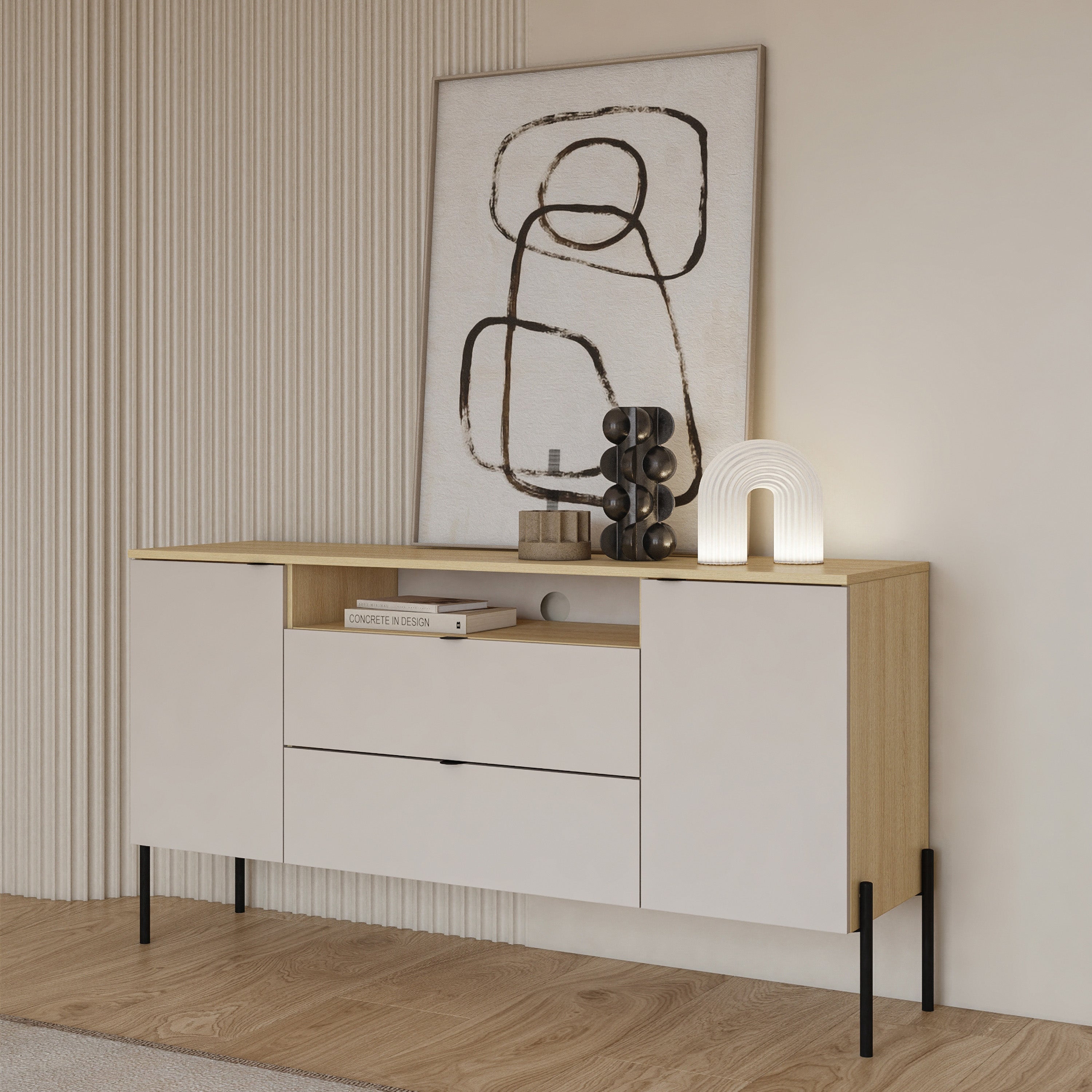 Komoda dwudrzwiowa Ore z dwiema szufladami 140 cm dąb lindberg/kaszmir