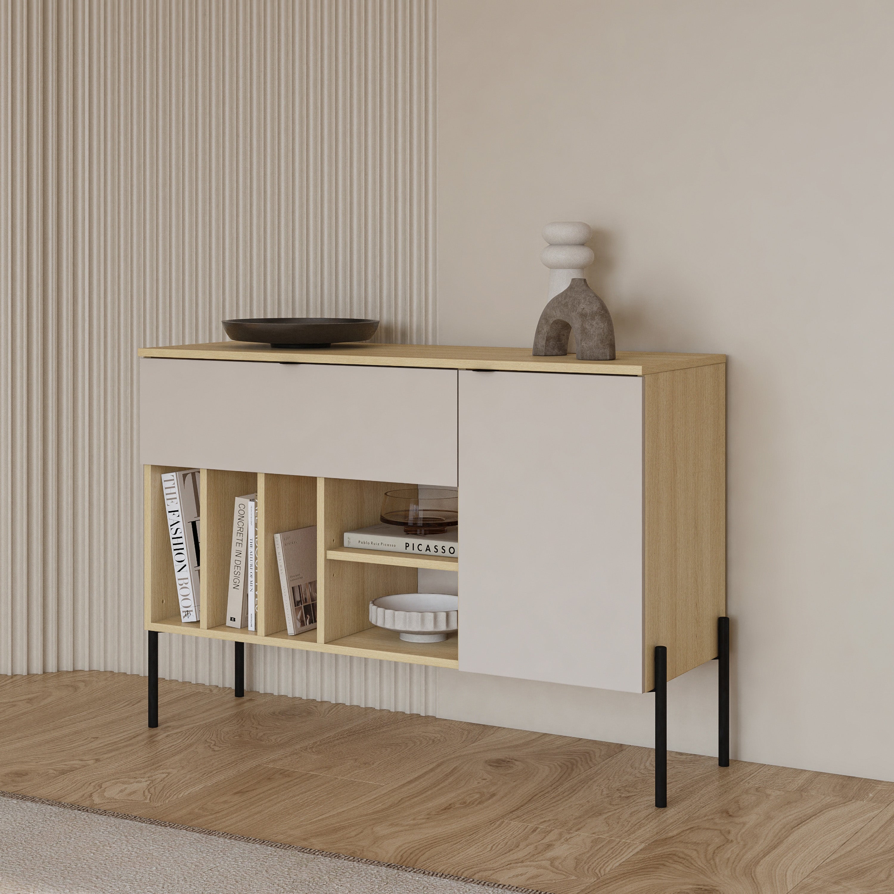 Komoda jednodrzwiowa Ore z szufladą 105 cm dąb lindberg/kaszmir