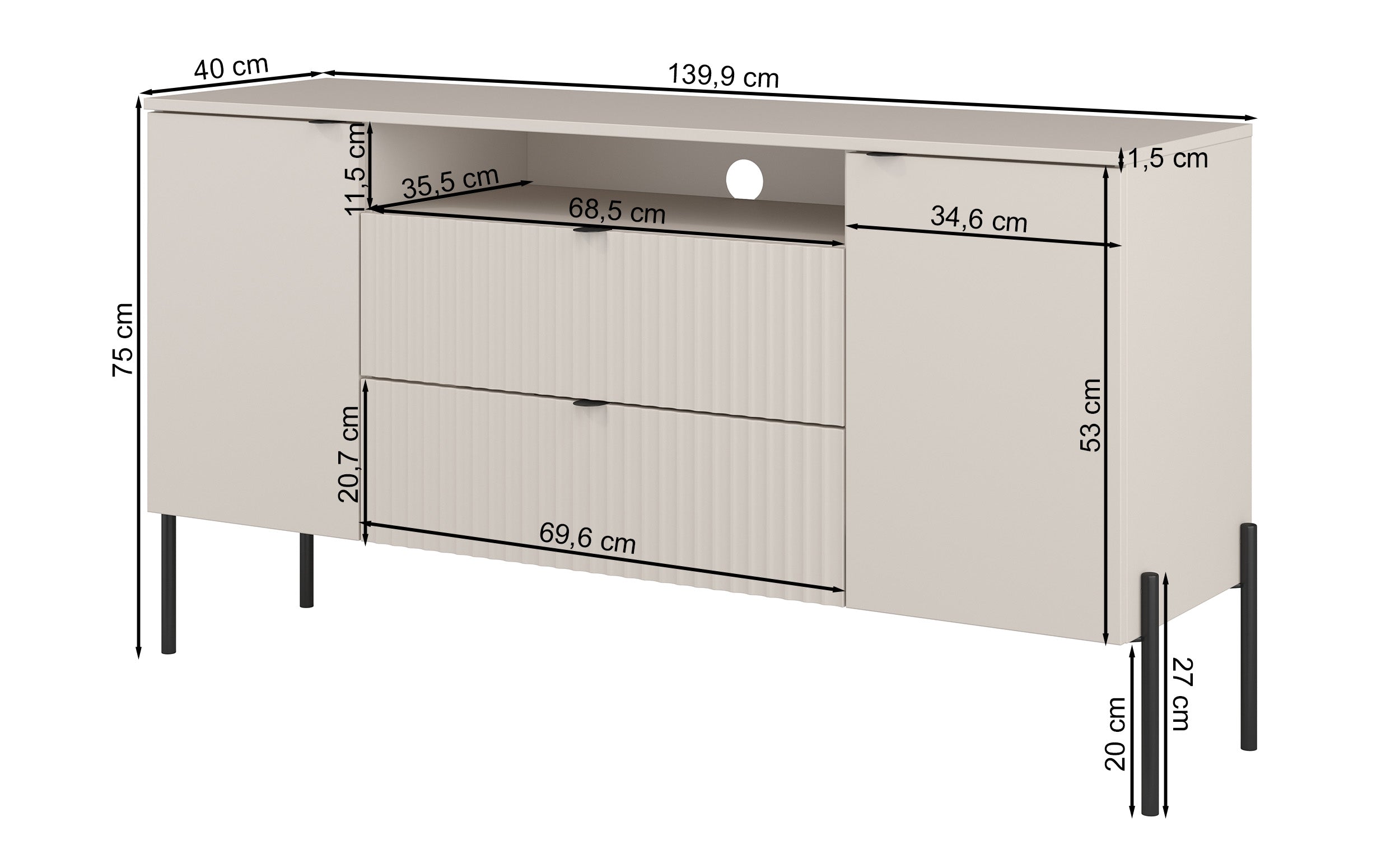 Komoda dwudrzwiowa Ore z dwiema szufladami 140 cm dąb lindberg