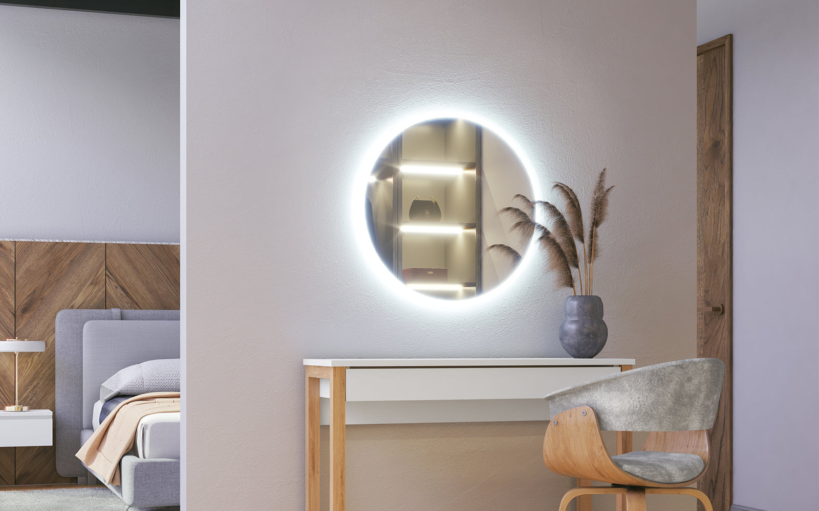 Lustro ścienne okrągłe Gerpian o średnicy 60 cm z oświetleniem LED