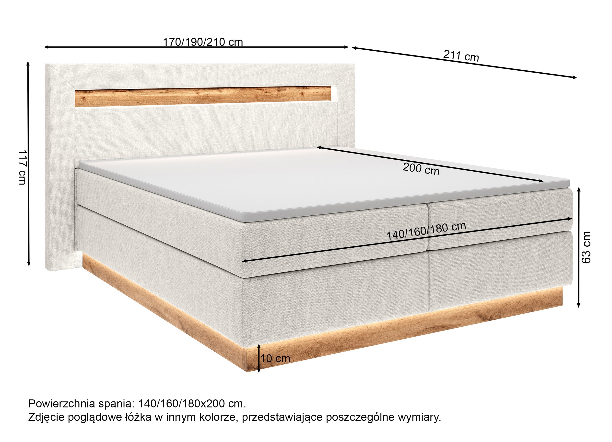 Łóżko kontynentalne Oski 140x200 cm z topperem i oświetleniem jasnoszary welur