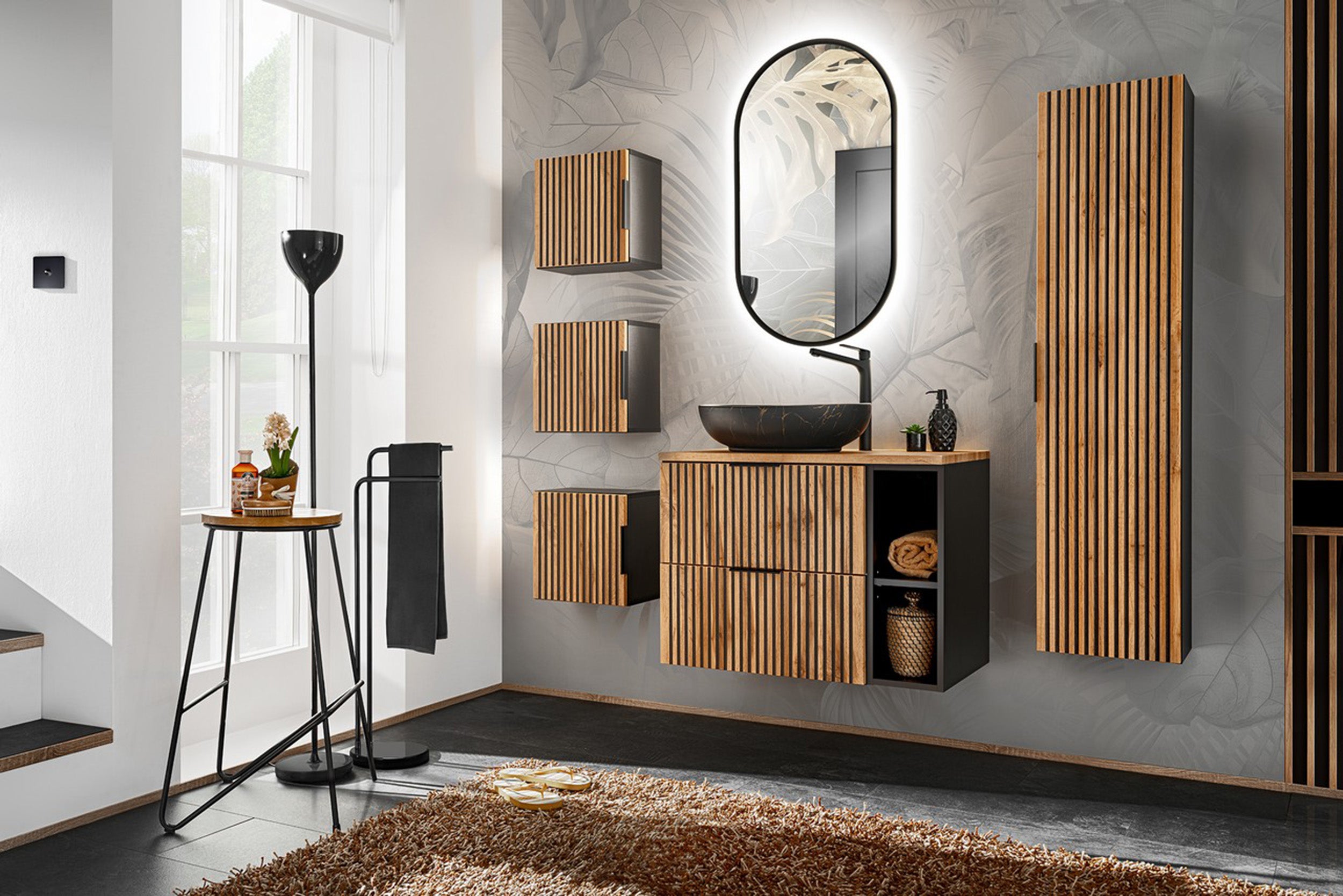 Szafka pod umywalkę Ossolies 60 cm czarna/dąb lamele
