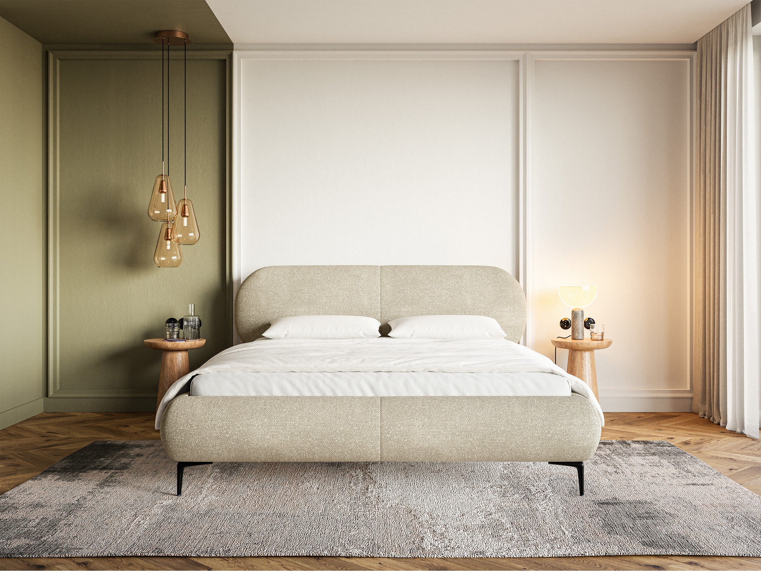 Łóżko tapicerowane 160x200 cm Ovalle z pojemnikiem stelaż metalowy beżowe szenil nóżki czarne