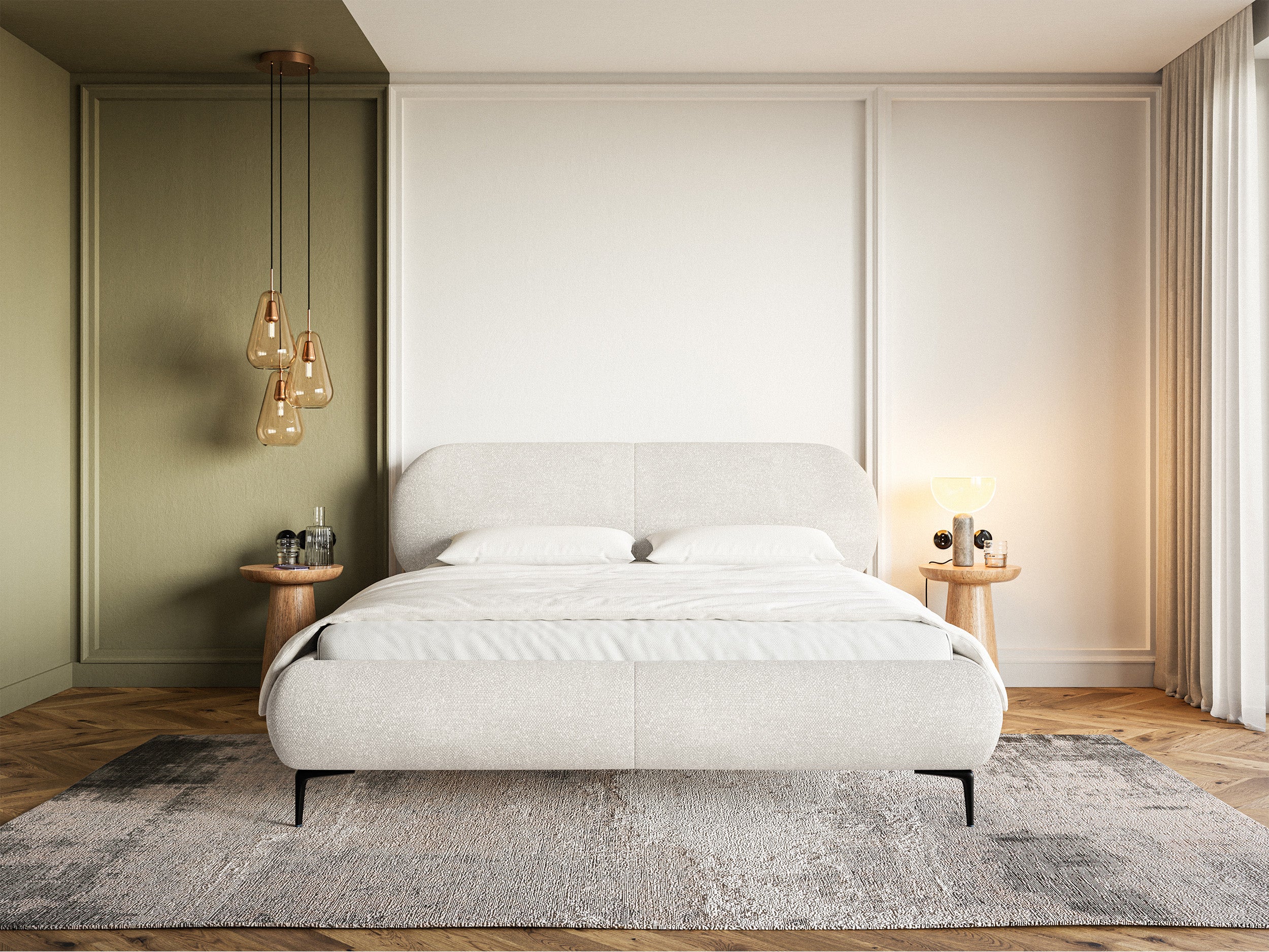 Łóżko tapicerowane 180x200 cm Ovalle z pojemnikiem stelaż metalowy kremowe szenil nóżki czarne