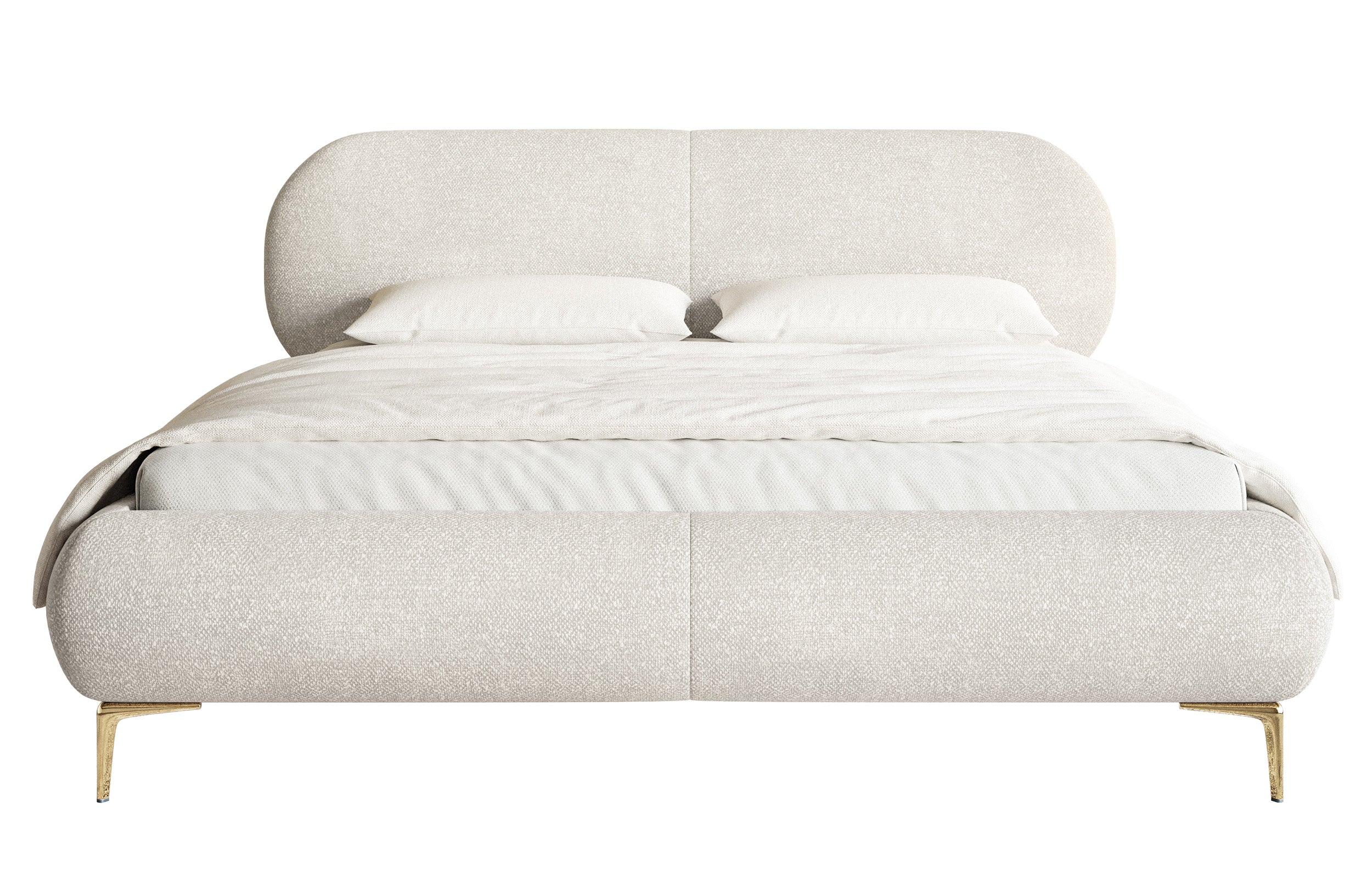 Łóżko tapicerowane 160x200 cm Ovalle z pojemnikiem stelaż metalowy kremowe szenil nóżki złote
