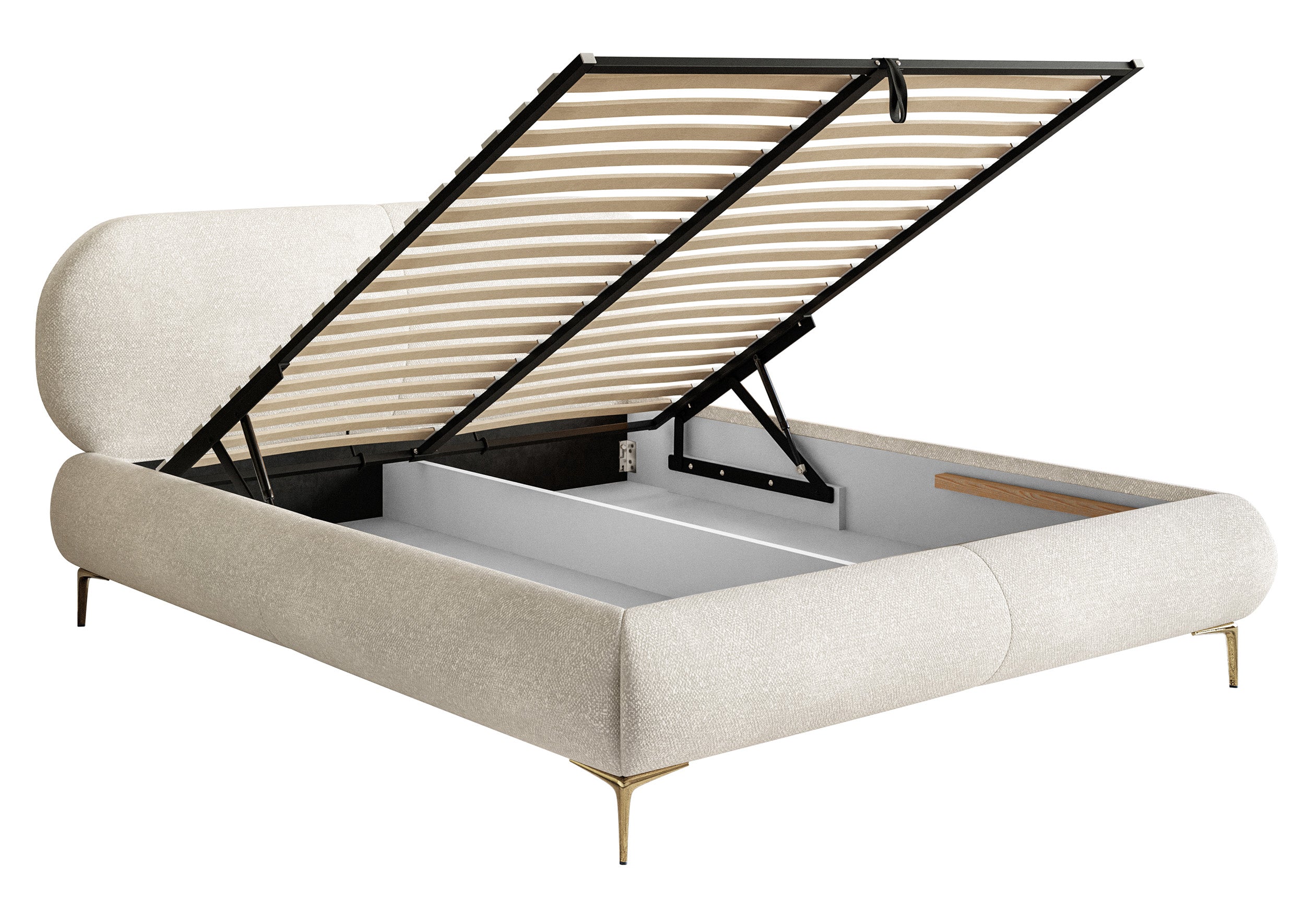 Łóżko tapicerowane 160x200 cm Ovalle z pojemnikiem stelaż metalowy kremowe szenil nóżki złote