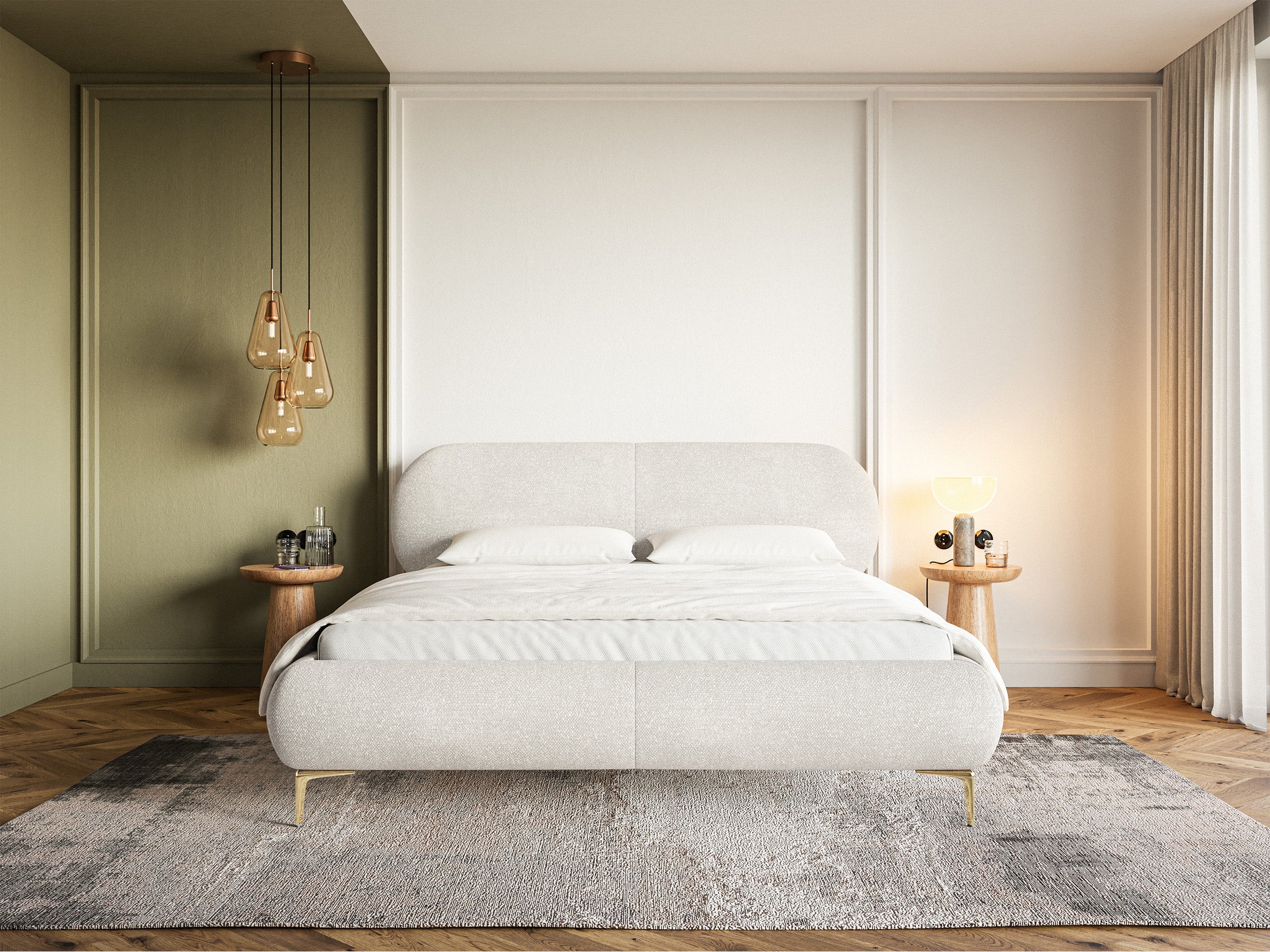 Łóżko tapicerowane 180x200 cm Ovalle z pojemnikiem stelaż metalowy kremowe szenil nóżki złote