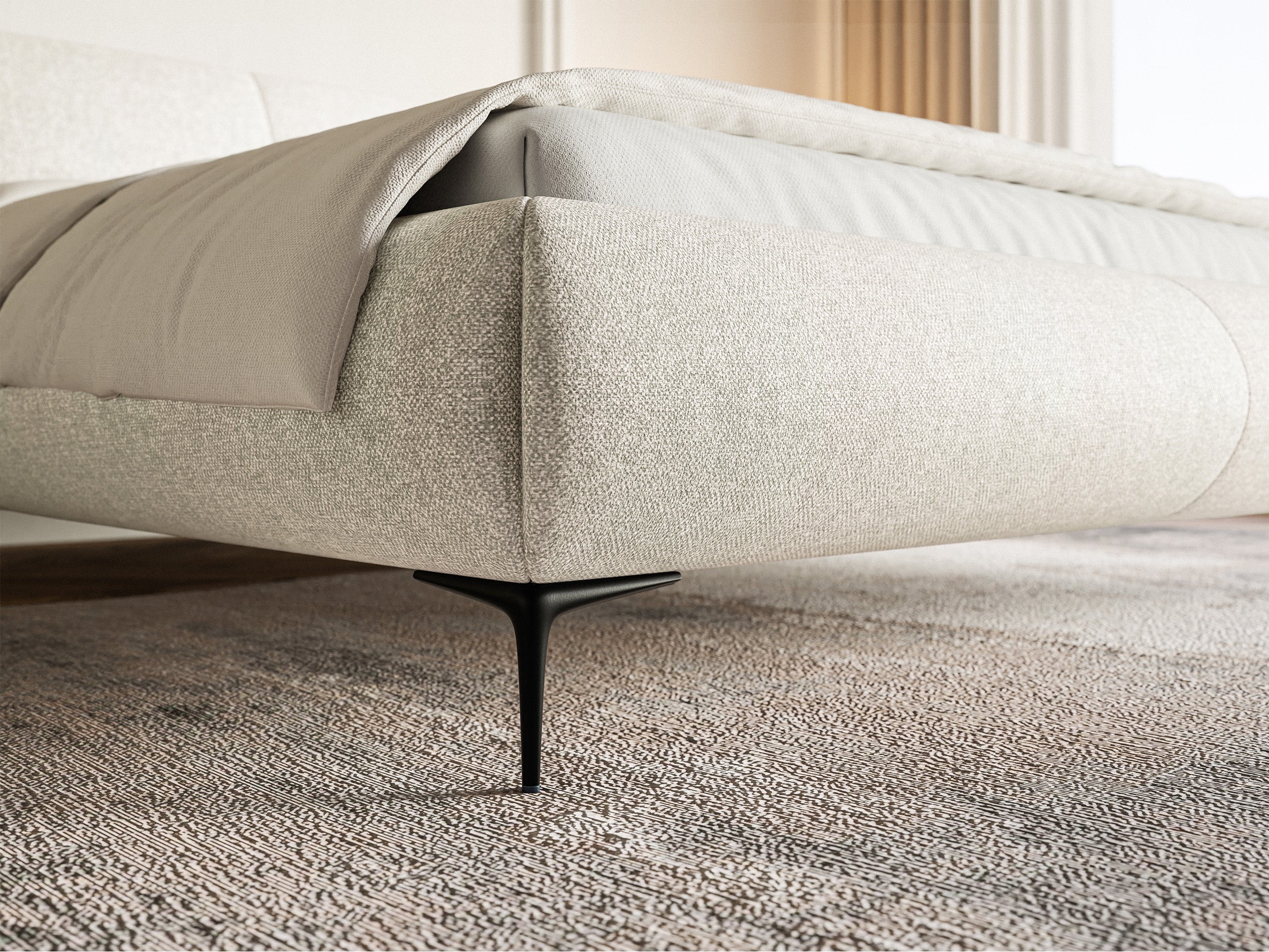 Łóżko tapicerowane 160x200 cm Ovalle z pojemnikiem stelaż metalowy jasnobeżowe plecionka hydrofobowa nóżki czarne