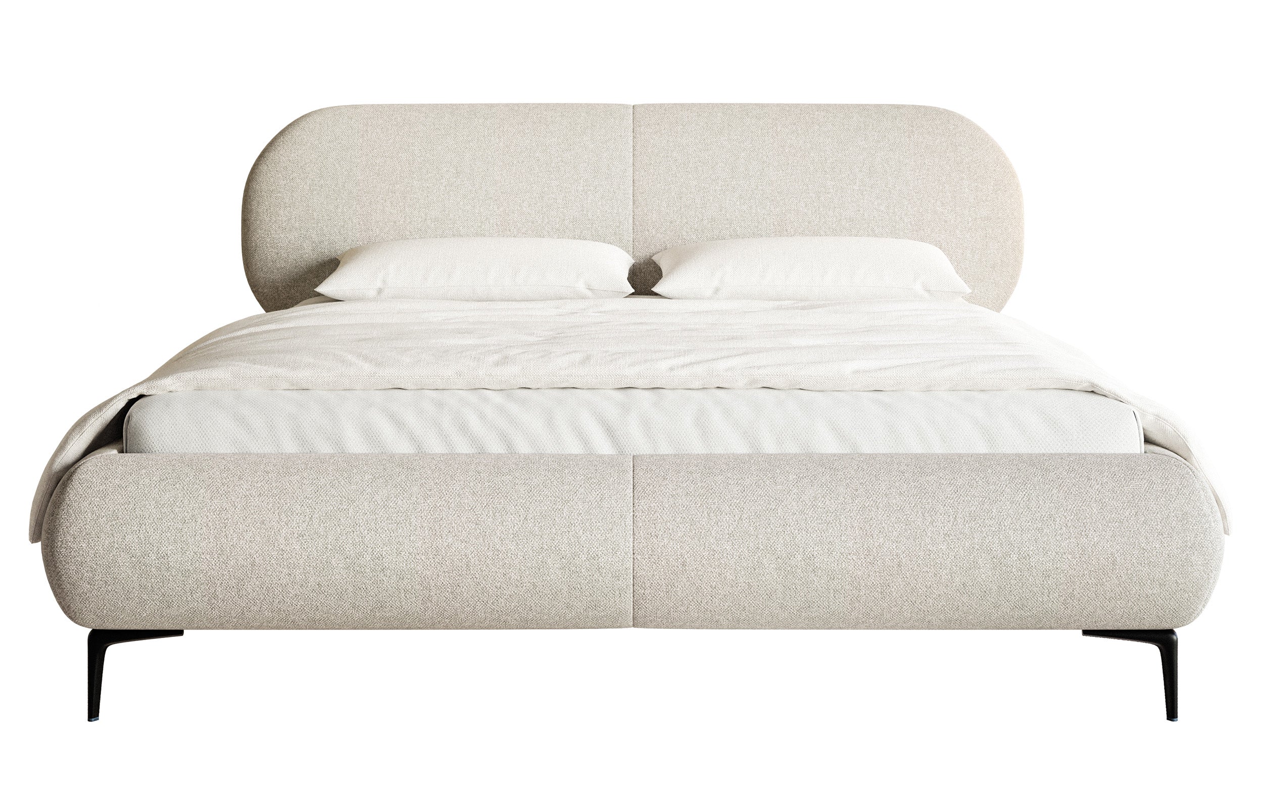 Łóżko tapicerowane 160x200 cm Ovalle z pojemnikiem stelaż metalowy jasnobeżowe plecionka hydrofobowa nóżki czarne