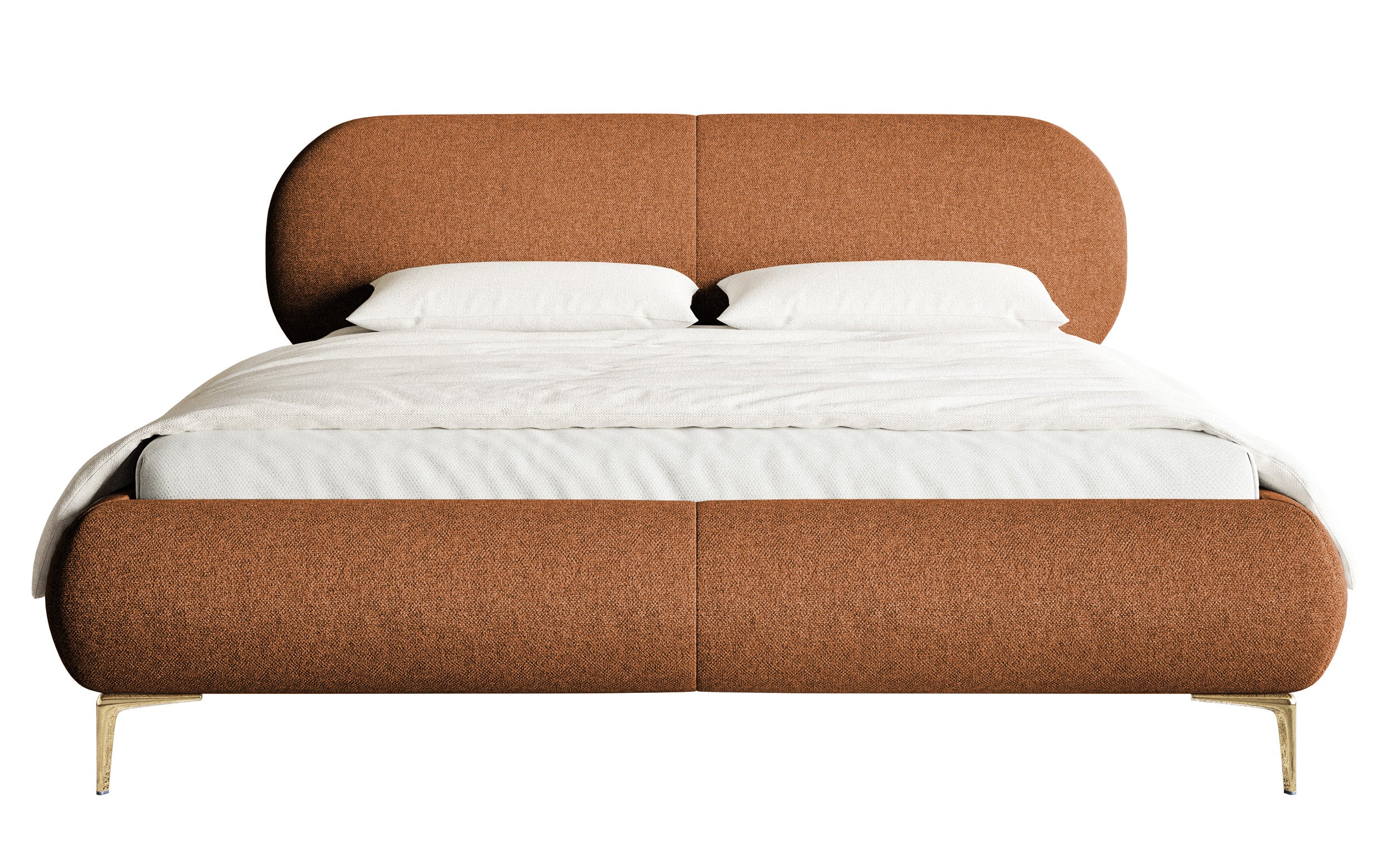 Łóżko tapicerowane 180x200 cm Ovalle z pojemnikiem stelaż metalowy miedziane plecionka hydrofobowa nóżki złote
